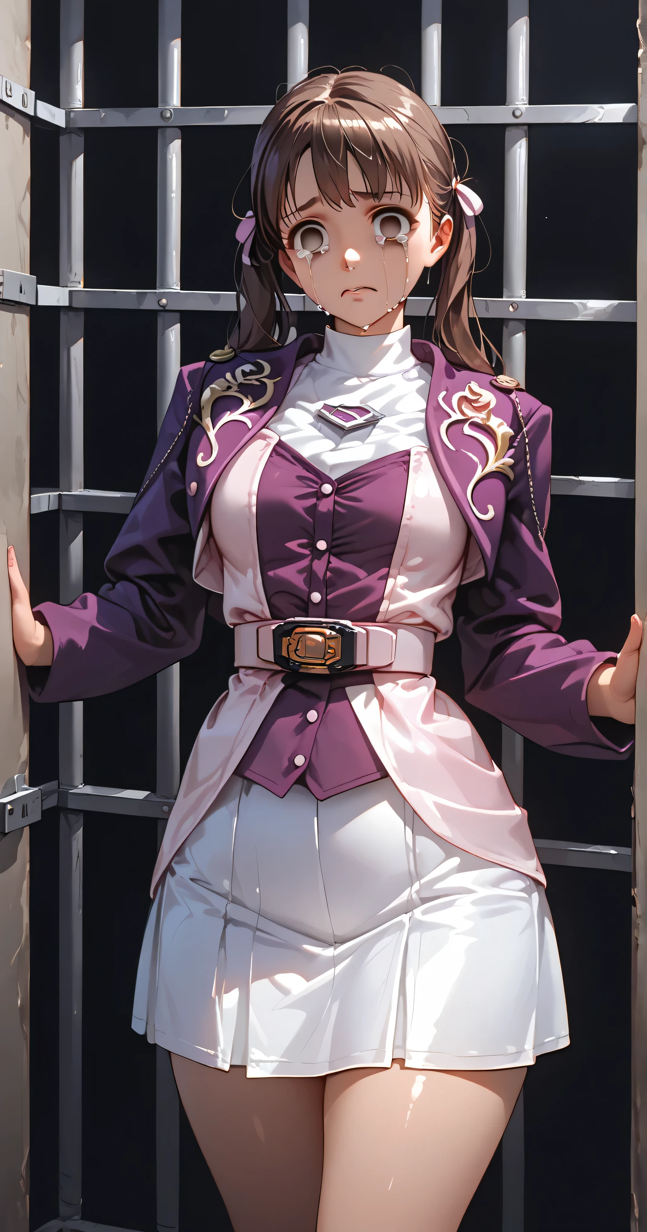 (High-definition CG), ( top quality),(( black background)),((Inside the Jail)),(( frontal view)), one woman, perfect face, is crying, shiny skin , wide hips, thin waist, purple bolero jacket ,, Long Sleeve, (( white skirt )), pink belt , (( brown hair)),With an uneasy expression, ((Straight Hair)), Frightened face, is crying顔,((empty eyes)), put both hands forward,
