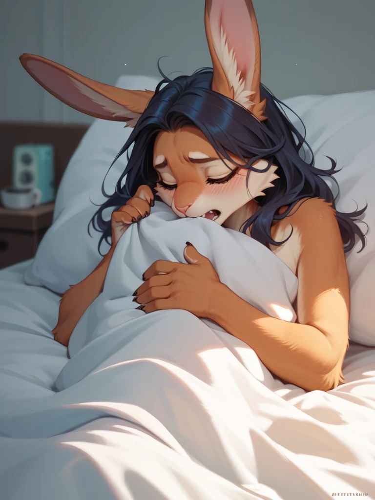 Furry, furry woman, solo, kemono, beach, naked, long hair, eyes closed, arm on belly, hand on , mouth open, hurt face, lying on the ground, legs open, defeated pose