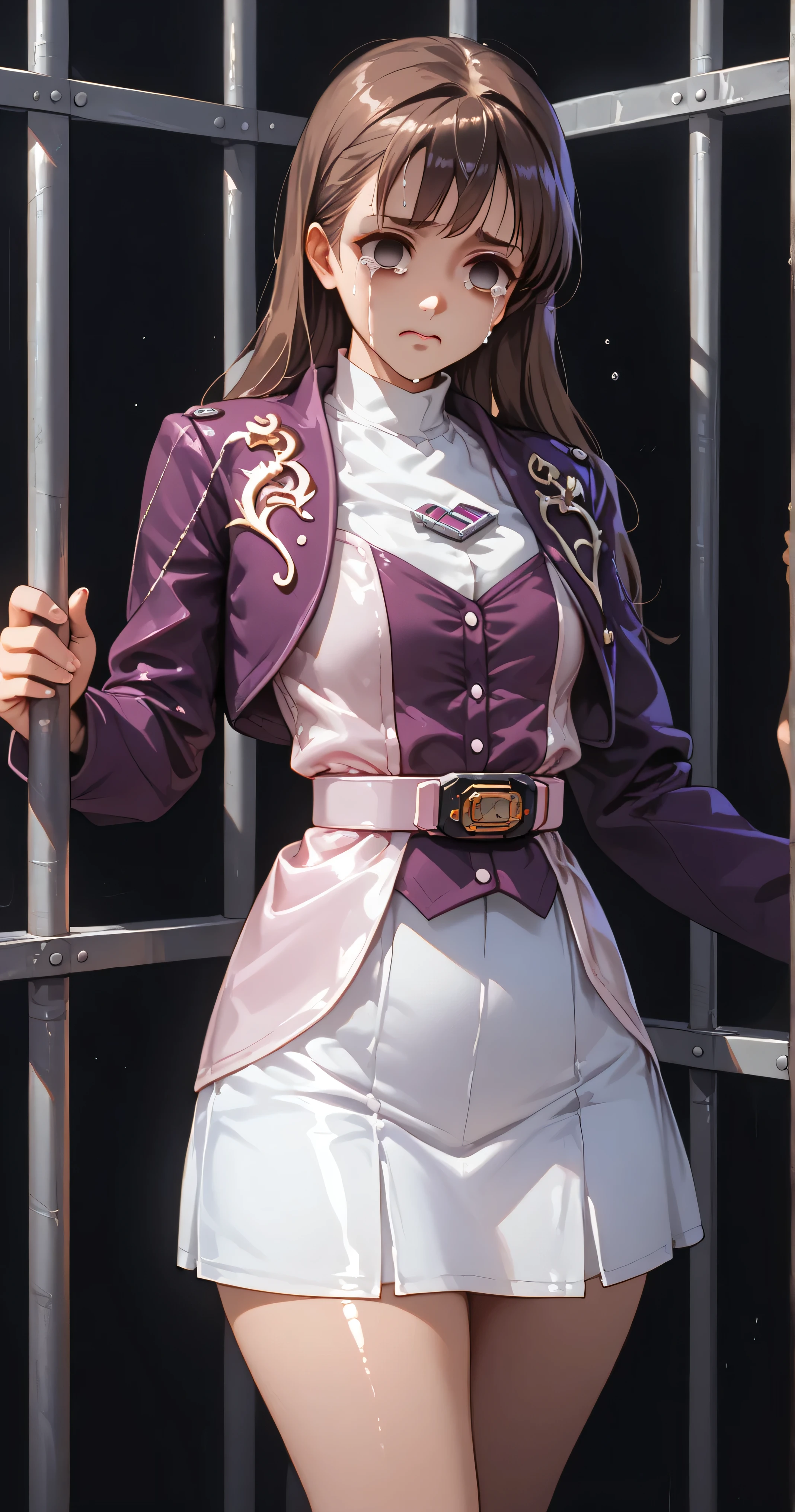 (High-definition CG), ( top quality),(( black background)),((Inside the Jail)),(( frontal view)), one woman, perfect face, is crying, shiny skin , wide hips, thin waist, purple bolero jacket ,, Long Sleeve, (( white skirt )), pink belt , (( brown hair)),With an uneasy expression, ((Straight Hair)), Frightened face, is crying顔,((empty eyes)), put both hands forward,