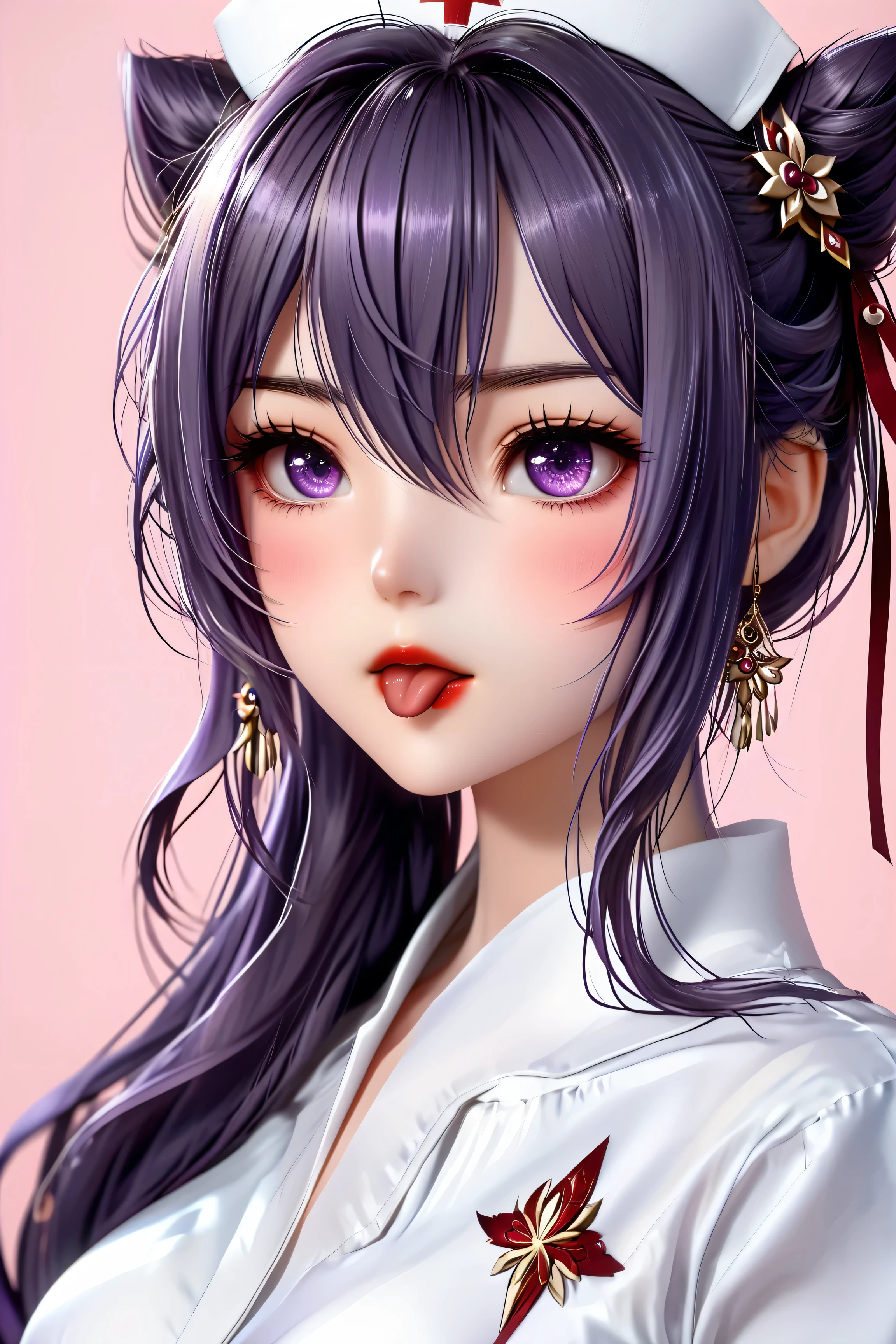 1 very young japanese girl, keqing from genshin impact, purple hair, purple eyes, length hair, blushing, Shy, Red lips, pale face, close up shot, Sweet, big breasts, best quality, ((masterpiece)), (detailed), vintage, elegant, chic, sophisticated, big expressive eyes, ulzzang, high school girl、Slender、Slender body、asian high school girl, solid pink background, heavy blushing, submissive, sexy pose, nurse uniform, slender legs, thigh highs, skinny, sticking out tongue,