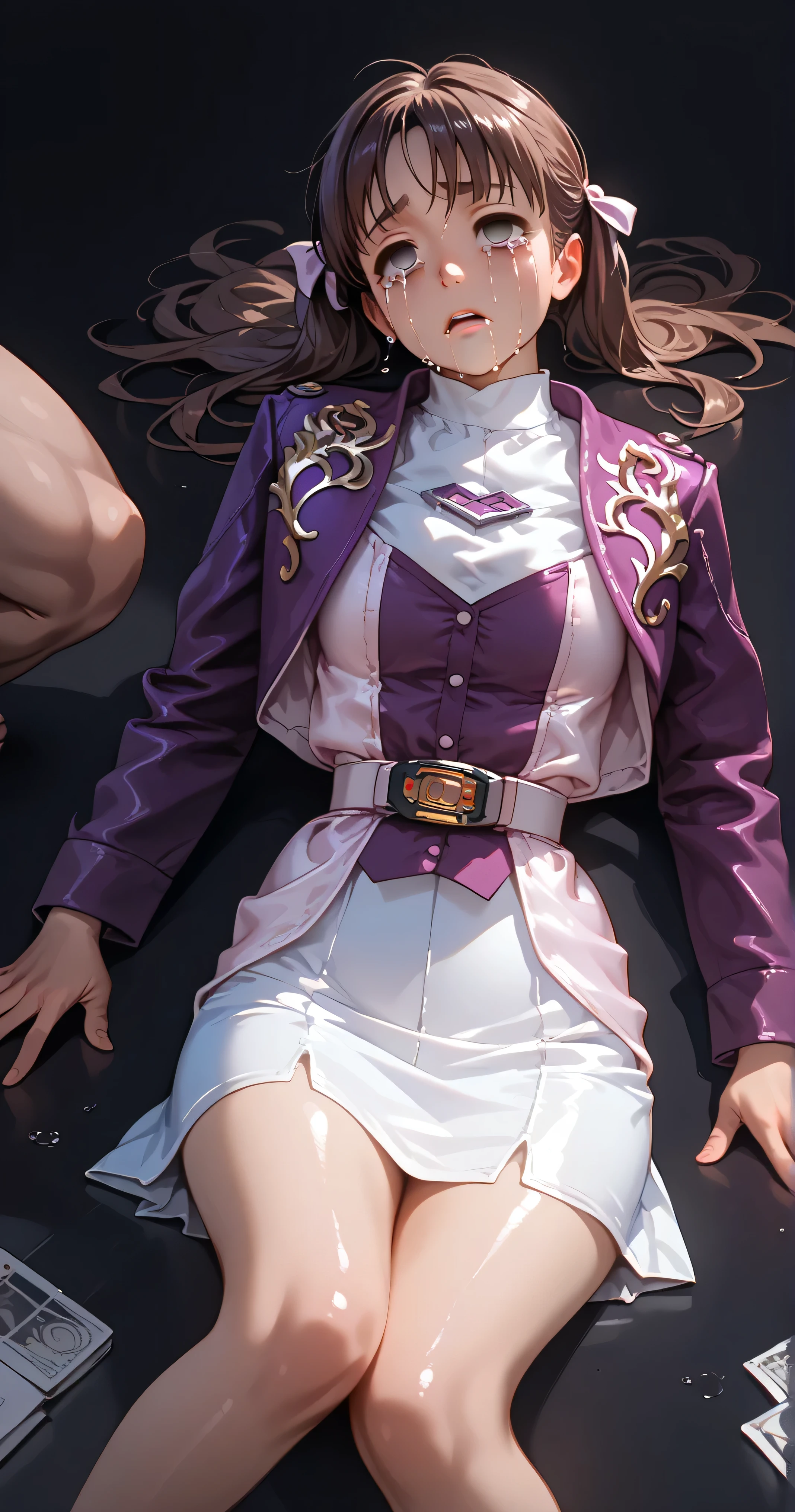( High-definition CG), ( top quality ),(( getting raped by completely naked men)),(( black background)),((In a dark prison)),(( 1girl )), perfect face, shiny skin , wide hips , thin waist, purple bolero jacket ,(( white skirt )), Long Sleeve , pink belt,((brown hair color )),((Straight Hair)),((Composition showing the part above the knee where the eyebrows are bent in the shape of a C )),(( crying face)),((empty eyes)),((Lie on the ground with your back)),