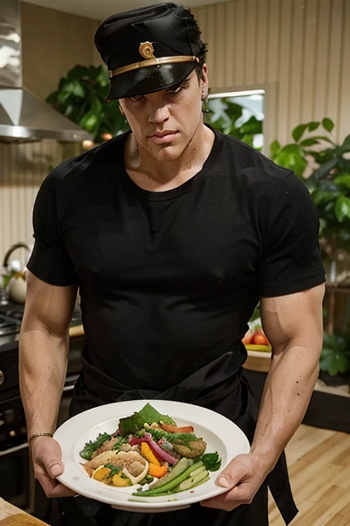 Crazy man, strange and ugly, perfect body anatomy, attractive muscular body, messy, beautiful and sweaty body , wears dirty prison clothes , inside a prison cell eating a beautiful plate of succulent lobster with salad , wears an orange t-shirt and pants 