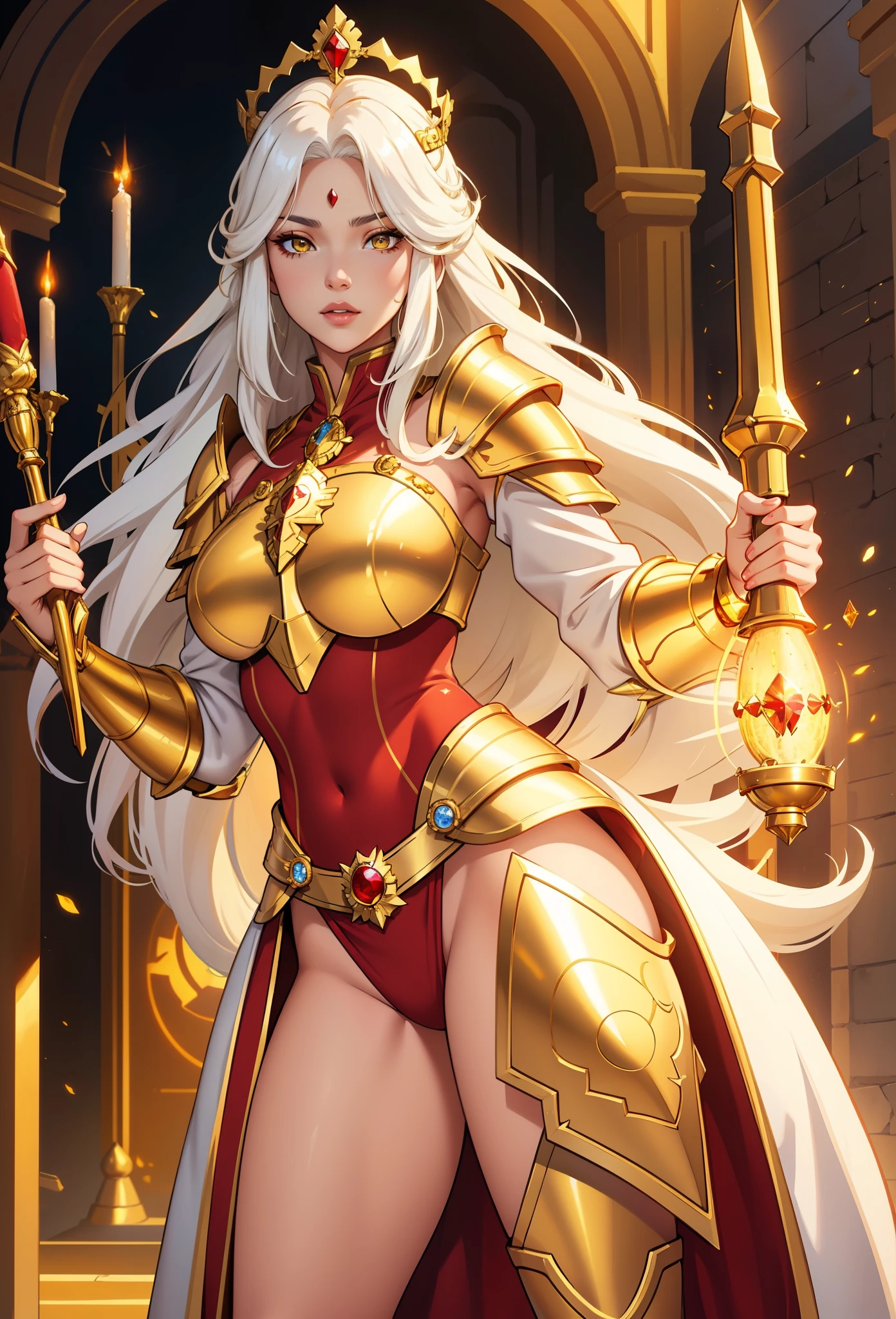 empress Edelgard standing, thrown in background, centered framing, surreal background, full decorative red and gold armor, red cape with collar, armored cape, jeweled armor, jeweled golden crown, decorative crown, crown with ram horns, short armored skirt, decorative axe held backwards, golden axe, jeweled axe, (((Multicolor Hair, [White Hair])))), Ultra Realistic 8k CG, Perfect Face, Flawless, Bright Golden Eyes, Clean, Masterpiece, Professional Artwork, Famous Art, Cinematic Lighting, Perfect Face , beautiful face, beautiful eyes, (((perfect female body, narrow waist, broad chest, broad shoulders, slim muscles, toned muscles))), beautiful queen, royal, divine, goddess, (royal palace), fantasy, dreamlike, unreal, sci-fi, (small breasts, tiny breasts, flat chest), delicate jewelry , red and gold armor, absurdly long hair, very long hair, (rich: 1.4), prestige, luxury, jewelry, diamond, gold, pearl, gem, sapphire, ruby, emerald, intricate detail, delicate pattern, sexy, enchanting, alluring, alluring, erotic, enchanting, hair ornament, necklace, earrings, bracelet, bangle, looking at viewer, Unbeatable Masterpiece, Ultra Realistic 8k CG, Perfect Art, Super Detailed Rendering, Masterpiece, High Quality, High Resolution, Detail maniac, High Definition, High Quality, Detailed Face, Detailed Body Limbs, blush, white stockings, , well-detailed breasts, muscular chest, slim waist, toned abs, muscular quads, muscular lats, bright golden eyes, messiah lighting, confident pose, powerful pose, scattered hair, dynamic shot