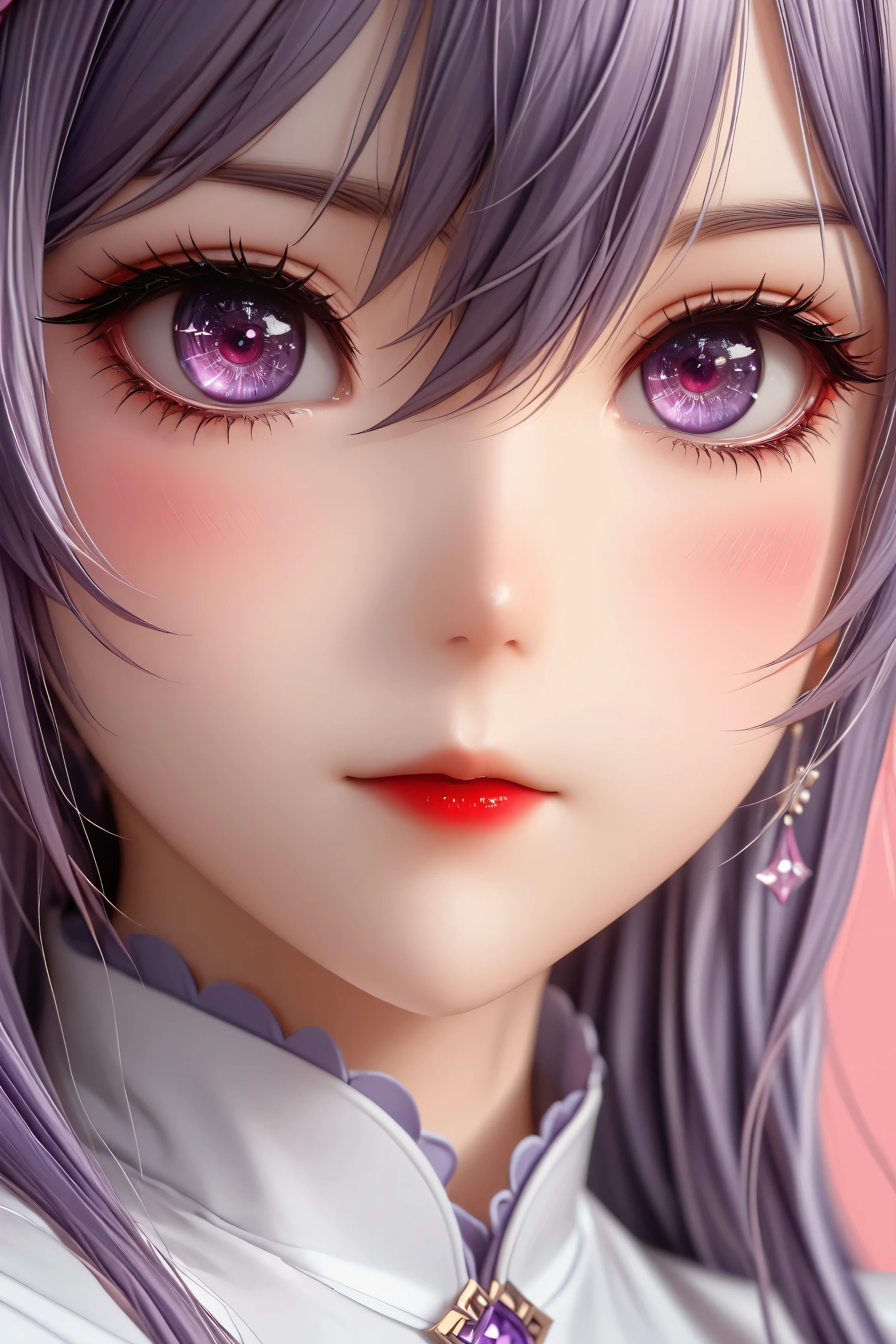 1 very young japanese girl, keqing from genshin impact, purple hair, purple eyes, length hair, blushing, Shy, Red lips, pale face, close up shot, Sweet, big breasts, best quality, ((masterpiece)), (detailed), vintage, elegant, chic, sophisticated, big expressive eyes, ulzzang, high school girl、Slender、Slender body、asian high school girl, solid pink background, heavy blushing, submissive, sexy pose, nurse uniform, slender legs, thigh highs, skinny,