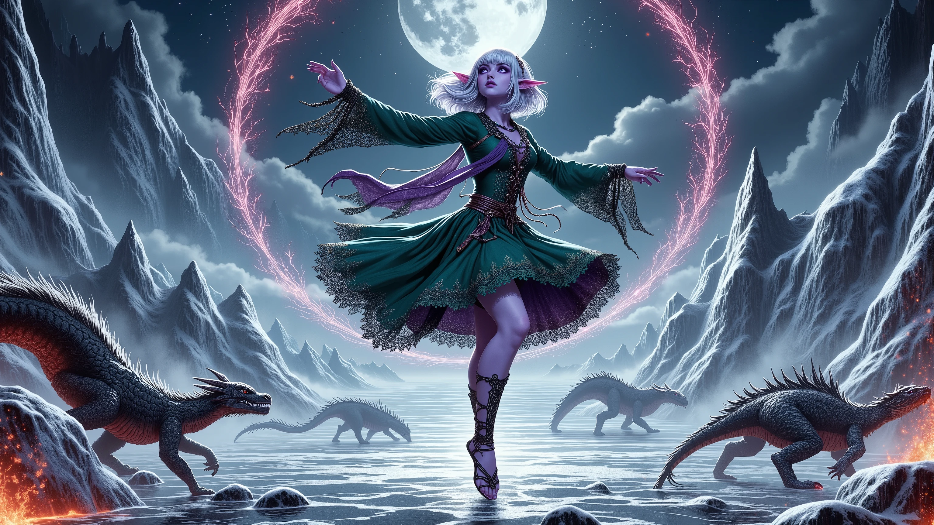 (Ultra-detailed face, Looking away, Fantasy Illustration with Gothic, Dark tone colors. A viewpoint looking up into the sky from a bed of ice.), BREAK
(A world of chaos with the black moon climbing the white sky. There is an ice stage like a mirror spreading over a pond of bright red burning lava. Fire dragons around the pond, dancing to the dark elf dancers on the ice stage.), BREAK
(The female dark elf dancer is dancing flamenco on the mirrored ice above the lava pond, looking up at the sky, her back to us, jumping gracefully in a daring pose, and drawing a large circle around herself with both hands. A line of rainbow-colored glowing trails of light is drawn around her as her hands move.), BREAK
(The young female dark elf dancer has white hair, white eyebrows, blunt bangs, waist-length hair that flows with her movements, lavender eyes, small pink lips, dark purple skin, and dark, thick eyeliner.), BREAK
(The female dark elf dancer wears an emerald tiara and a mini-skirted lace-up dress made of deep sea-colored organdy fabric with silver trim and lace in the 15th century Italian tradition. She wears a sash of woven rainbow-colored beads around her waist, and an archaic Turkish-style dagger is inserted in the sash. She wears braided sandals with silver ornaments.)
