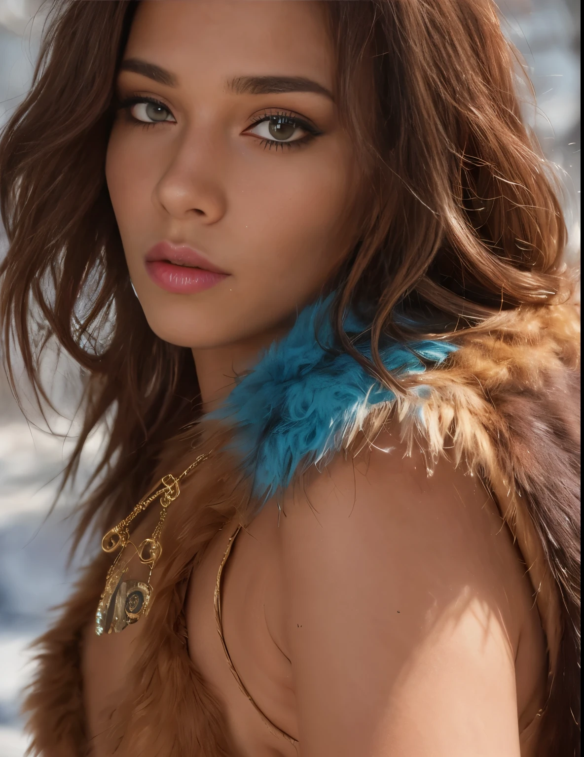 a sexy cavegirl,brown fur vest,blue skirt,detailed face,beautiful detailed eyes,beautiful detailed lips,extremely detailed face and eyes,longeyelashes,cinematic,highly detailed,8k,photorealistic,studio lighting,vivid colors,warm color palette,natural environment