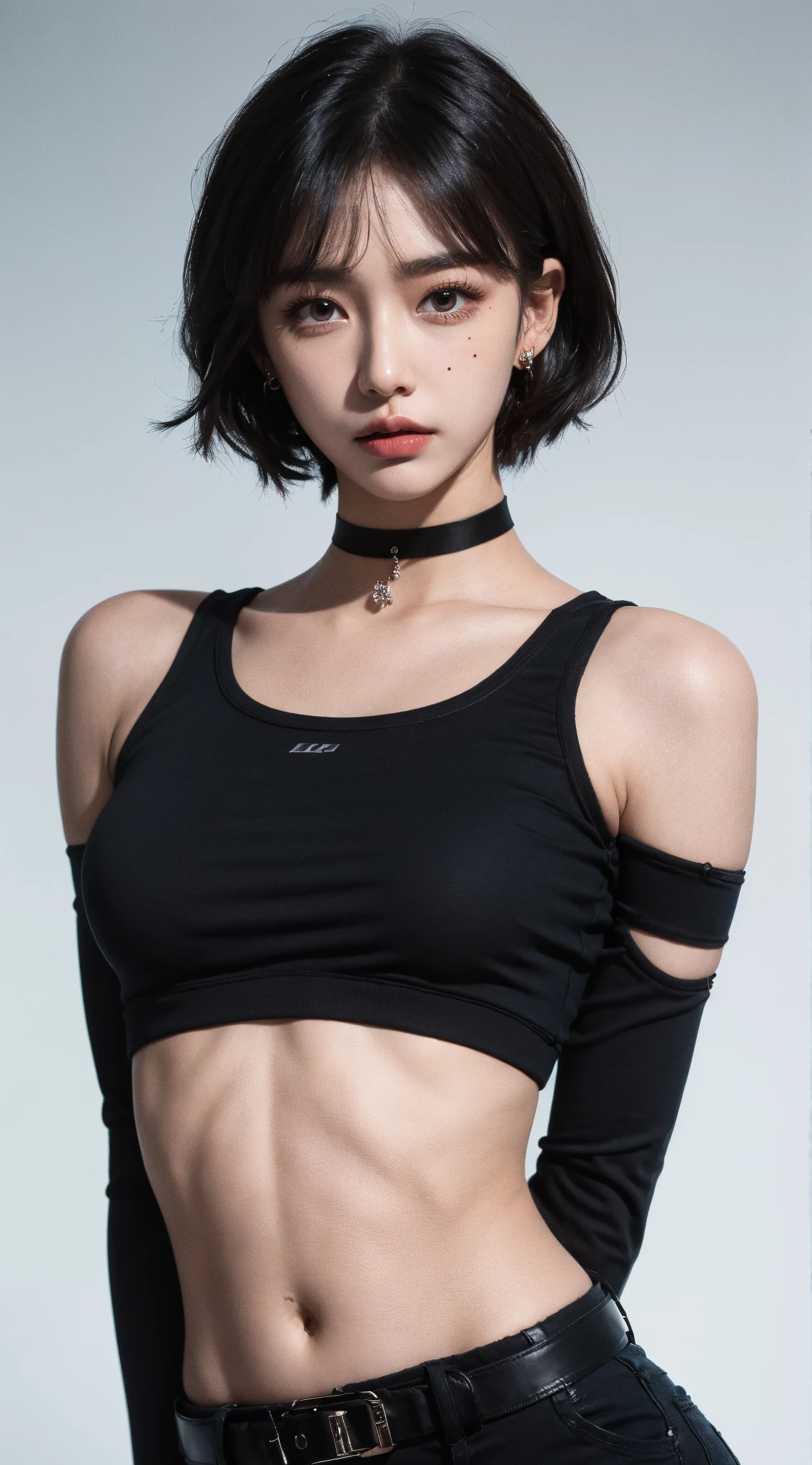 araffed woman taking a selfie in a dance studio, wearing a cropped black tank top, wearing a black cropped tank top, tight black tanktop, she is wearing a black tank top, crop top, black top, croptop, wearing crop top, wearing a sexy cropped top, tight black tank top and shorts, photo of slim girl model, wearing tank top
