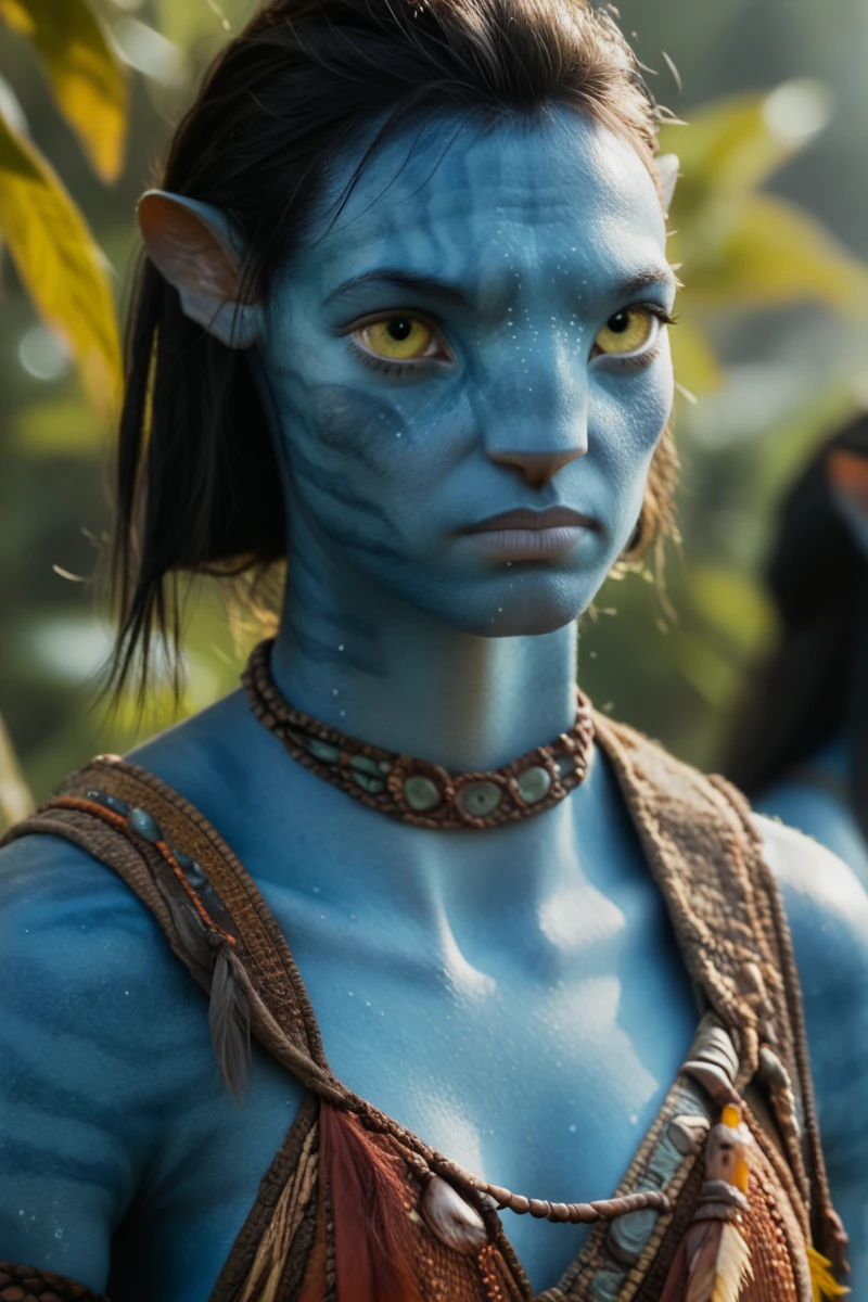 female, 1girl, portrait, face close-up, looking at the viewer, thirty years old, slim and muscular limbs, detailed yellow eyes, blue skin, short messy medium length hair, straight hair, black hair, tail, big pointy ears, five fingered hands, wearing tribal clothing, eyebrows, wearing a tribal bikini top made of leaves, beach background, solo, n4vi, score_9, score_8_up, score_7_up, score_6_up, J4ke, AVTR2