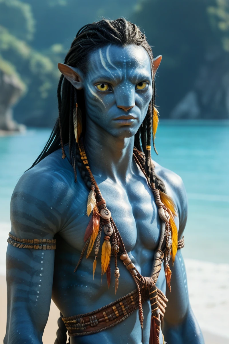 male, 1boy, portrait, looking at the viewer, slim muscular limbs, detailed yellow eyes, blue skin, braided long hair, black hair, tail, big pointy ears, four fingered hands, wearing tribal clothing, beach background, solo, n4vi, score_9, score_8_up, score_7_up, score_6_up, neytiri