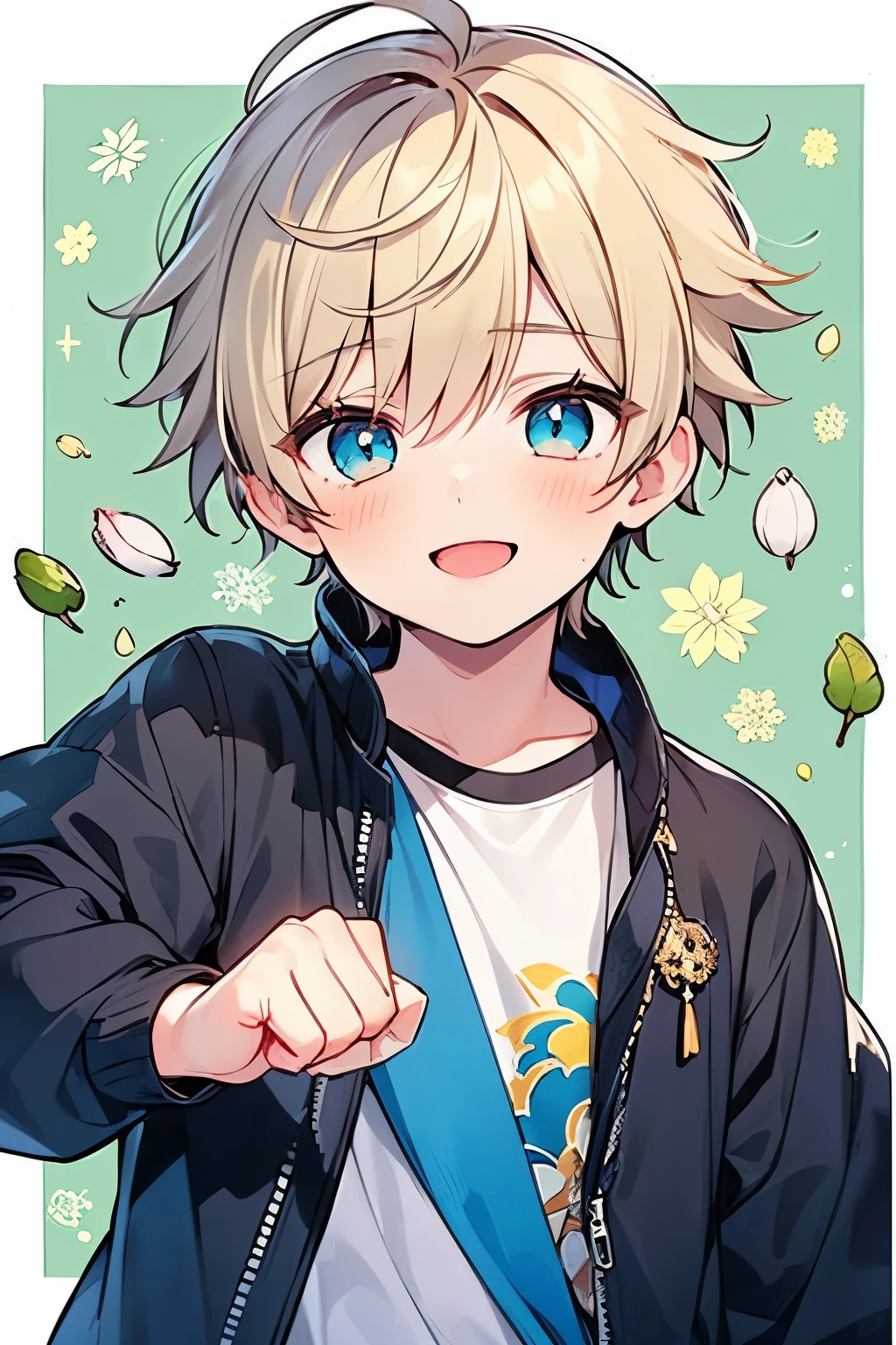 ((1-boy :1.5)),(( An Adult Man :1.0)),blonde hair,(very short hair:1.0),( heterochromia:0.5),((Kirakira eyes :1.0)),(looking viewer:0.8),(looking up:0.5),((lace and pistachio green background:0.85)),(( spread the palm of one hand、Put your fist on it :1.2)),open to mouth with smile,( portrait:0.8),((long sleeve puffe jacket:1.0)),((jacket with long hem:1.0)),