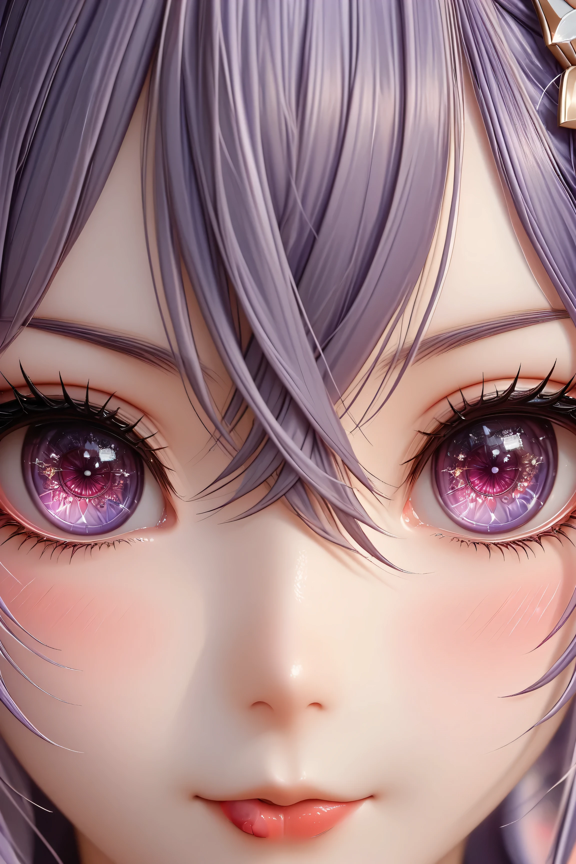 1 very young japanese girl, keqing from genshin impact, purple hair, purple eyes, length hair, blushing, Shy, Red alips, pale face, close up shot, Sweet, big breasts, best quality, ((masterpiece)), (detailed), vintage, elegant, chic, sophisticated, big expressive eyes, ulzzang, high school girl、Slender、Slender body、asian high school girl, solid pink background, heavy blushing, submissive, sexy pose, nurse uniform, slender legs, thigh highs, skinny, licking lips, cleavage,