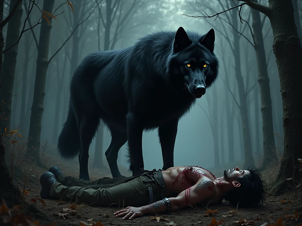 A realistic image of a muscular werewolf lying limp because his stomach was torn open by a bunch of leeches in a swamp
