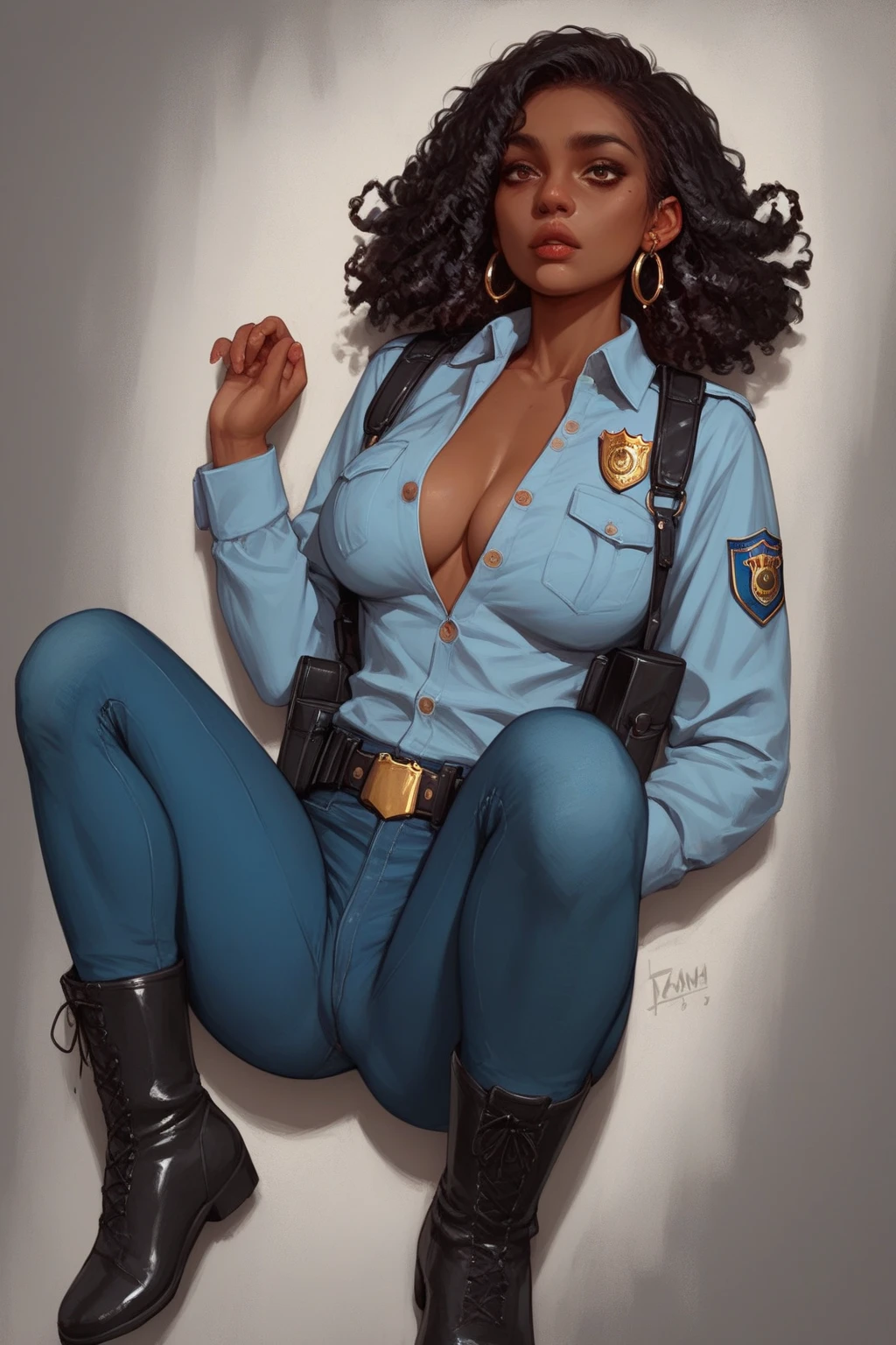 young black woman, afro, gorgeous mechanic, blank background, blue coverall, cleavage, no shirt, sfw