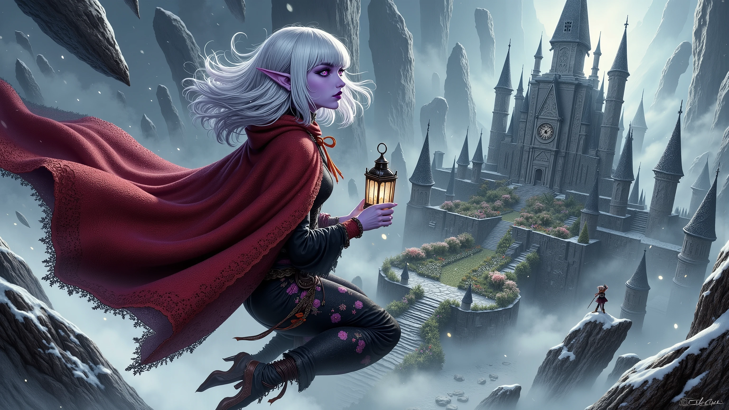 (Ultra-detailed face, Looking away, Fantasy Illustration with Gothic, Dark tone colors, Viewpoint from above looking down on the ground.), BREAK
(A female dark elf astrologer magically floats in the air near the very tall spire of a very tall altar in a strong wind and falling snow, surrounded by a thick fog. Her hair, face, and clothes are all blown by the strong wind, and she is looking straight down from above with her back to the sky, holding a small magic lantern in her hand, in a bold pose and with large hand movements. The uninhabited ancient ruins look like a giant puzzle, a maze of spires built like forest trees around a palace and staircases that reach high into the sky and undulate like snakes. It is dark and silent, with no sign of life.), BREAK
(The young female dark elf astrologer has white hair, white eyebrows, blunt bangs, waist-length long, messy, wavy hair, small pink lips, dark purple skin, and thick eyeliner.), BREAK
(The dark elf astrologer wears a fiery red lacy cape with a simple orange ribbon tie. She wears a tight velour lace-up dress of jet-black fabric printed with a pattern of small crimson roses. Around her waist she wears a pareo with colorful beads woven into it. She wears moccasins with fur embellishments.), BREAK
(This is the remains of an old, huge city, locked away by glaciers and snow. Spiral staircases and spear-like spires stand in the air, with gardens and clock towers floating in the sky. There is no sign of life.)