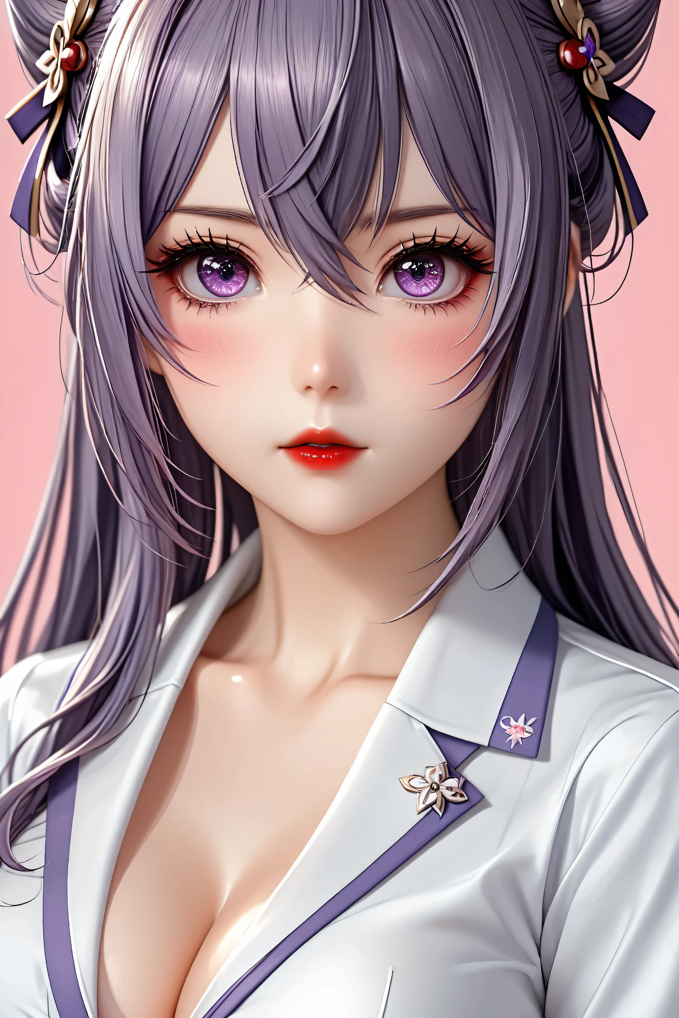 1 very young japanese girl, keqing from genshin impact, purple hair, purple eyes, length hair, blushing, Shy, Red lips, pale face, close up shot, Sweet, big breasts, best quality, ((masterpiece)), (detailed), vintage, elegant, chic, sophisticated, big expressive eyes, ulzzang, high school girl、Slender、Slender body、asian high school girl, solid pink background, heavy blushing, submissive, sexy pose, nurse uniform, slender legs, thigh highs, skinny, cleavage,