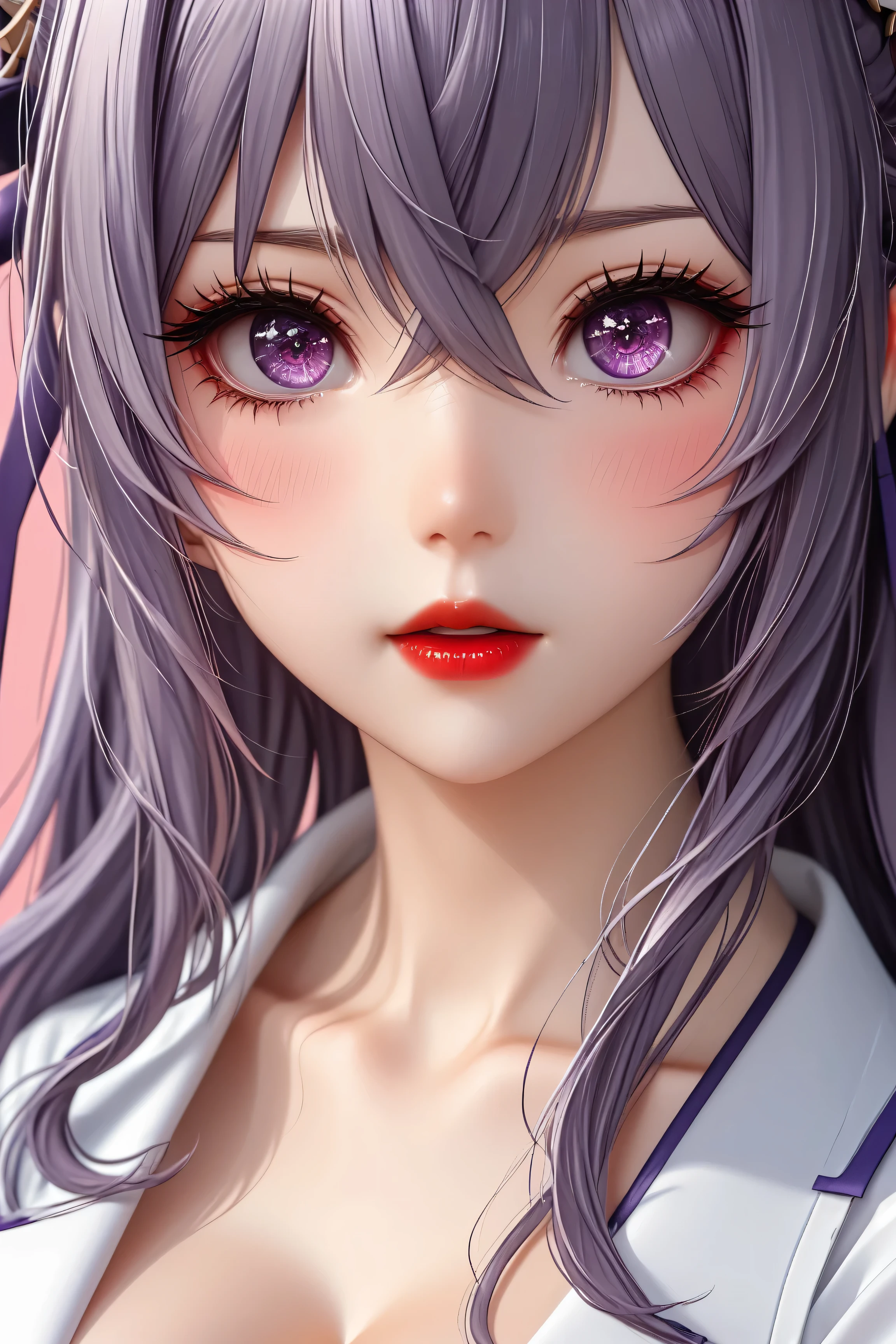 1 very young japanese girl, keqing from genshin impact, purple hair, purple eyes, length hair, blushing, Shy, Red lips, pale face, close up shot, Sweet, big breasts, best quality, ((masterpiece)), (detailed), vintage, elegant, chic, sophisticated, big expressive eyes, ulzzang, high school girl、Slender、Slender body、asian high school girl, solid pink background, heavy blushing, submissive, sexy pose, nurse uniform, slender legs, thigh highs, skinny, cleavage, ahegao,