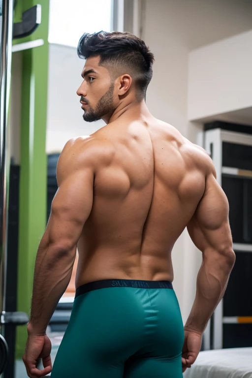 South asian man, wearing tights, posing back, glexing muscles, bis ass, medium long hair