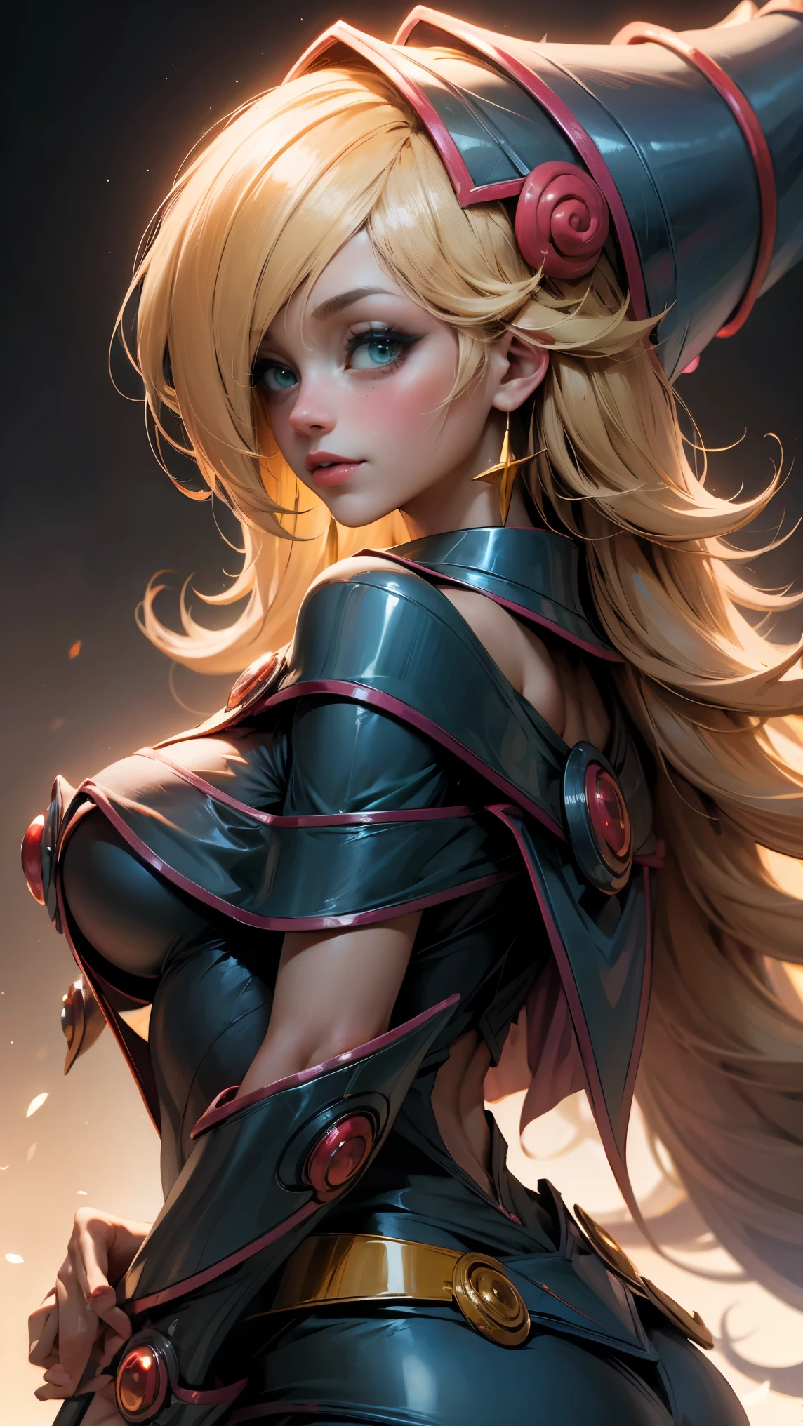 beautiful dark magician gils . long blond hair . green eyes. Red lips. Large, thick eyelashes . smiles. blush on cheek. visible breasts, from the back and looking back.