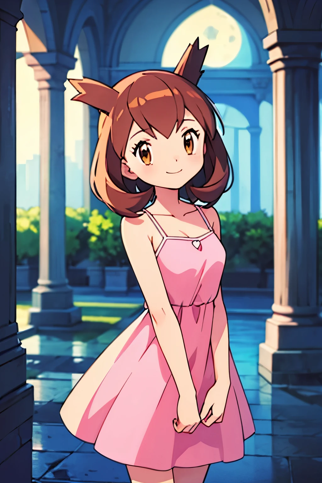 masterpiece, best quality, ultra-detailed, illustration, beautiful detailed eyes, very detailed illustration, cinematic lighting, 1 girl, solo, Pokemon Heroes (Bianca), Brown Hair, brown eyes, 1 girl, solo, sleeveless, collarbone, Pink Camisole dress, pink dress, intricate details, sharp focus, high resolution, the background of beautiful garden with columns, on a beautiful night, full moon, smile, standing near a water pool on the bottom, arms behind back, anime style, ultra-detailed, hdr, far at the bottom, in the center, Close up