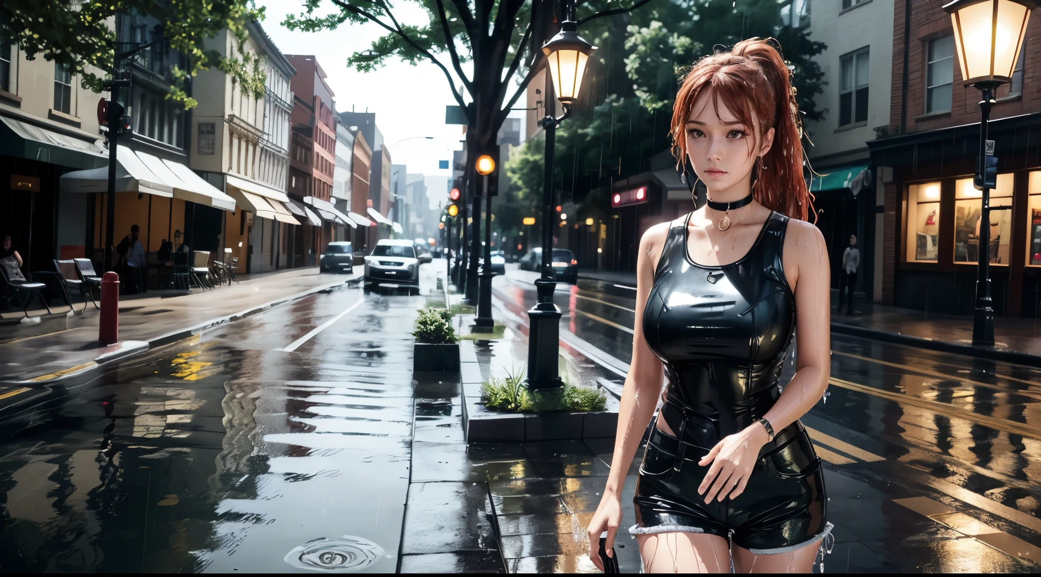 (best_quality, masterpiece:1.2), (highly detailed), (uhd, high_resolution, highres), girl, solo, t-shirts, shorts, (wet clothes:1.2), (gigantic breasts), ponytail, bangs, (wet hair:1.2), looking at viewer, raining, heavy rain, street, street lamp, city, realism, under a tree, walking, seductive, bright copper hair, hair between eyes, long hair, sleeveless, latex choker, cincher, (lace bra:0.8),