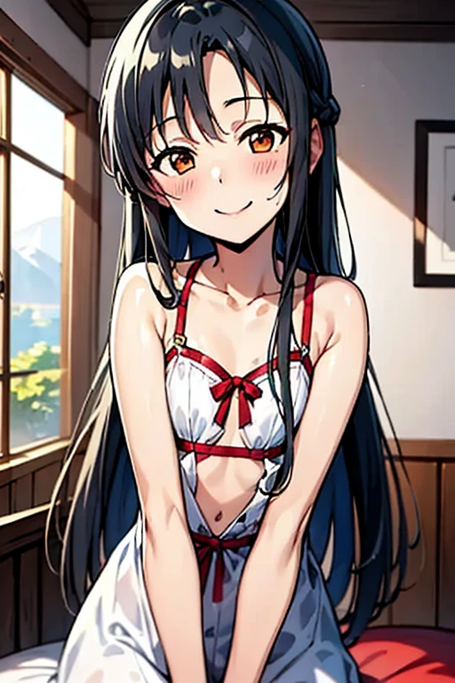 (( top quality)), ((masterpiece)), (be familiar with), perfect face, indoor, bedroom, viewers,
One woman, Yukiko Aikina,
開いた口, ecstatic expression, blush, smile,
small tits, flat chest, Young girl, lori, s, girl,
long hair, long hair,
open,