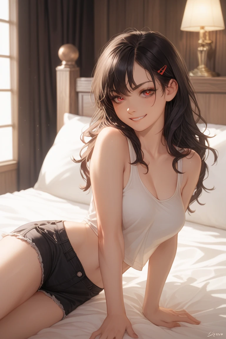 "An anime girl with short, messy black hair lies on a bed, her red eyes glowing softly as she gazes toward us with a mix of intrigue and quiet confidence. She wears a simple yet form-fitting white tank top (sando) and black shorts, revealing her toned yet slender figure. One arm is resting casually above her head on the pillow, while the other lightly grips the soft bedsheets. The dim, ambient lighting in the room casts subtle shadows on her pale skin, enhancing the contrast between her dark hair and her striking crimson eyes. The slightly ruffled bedspread beneath her adds to the relaxed, intimate atmosphere, while a faint glow from a bedside lamp or the soft light of dawn seeps through a nearby window. Her expression holds a teasing hint of a smirk, her body language effortless yet captivating, as if she’s completely at ease in this moment."

