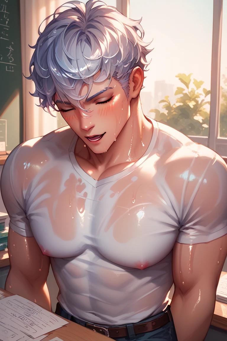 A young boy with white hair,fair skin,handsome,The triangle briefs are wet, so I took half of them off.,裸上半身Soaked in milk,Showing six-pack abs and chest muscles with water droplets on them,Soaked in milk,纖細長腿Soaked in milk,There is a big protrusion from below and milk is spurting out,Soaked in milk,Tilting their head back, they wore an expression of comfort.,Milk flows from the corners of the mouth,Sticking out tongue,Drinking milk,Very shy expression,Milk flows from the corner of the mouth,covered in milk,soak in milk,There's milk on your face too,Milk flows from the corners of the mouth,身上Soaked in milk,Complete character,To the light,The light shines on the abdominal muscles,milk everywhere