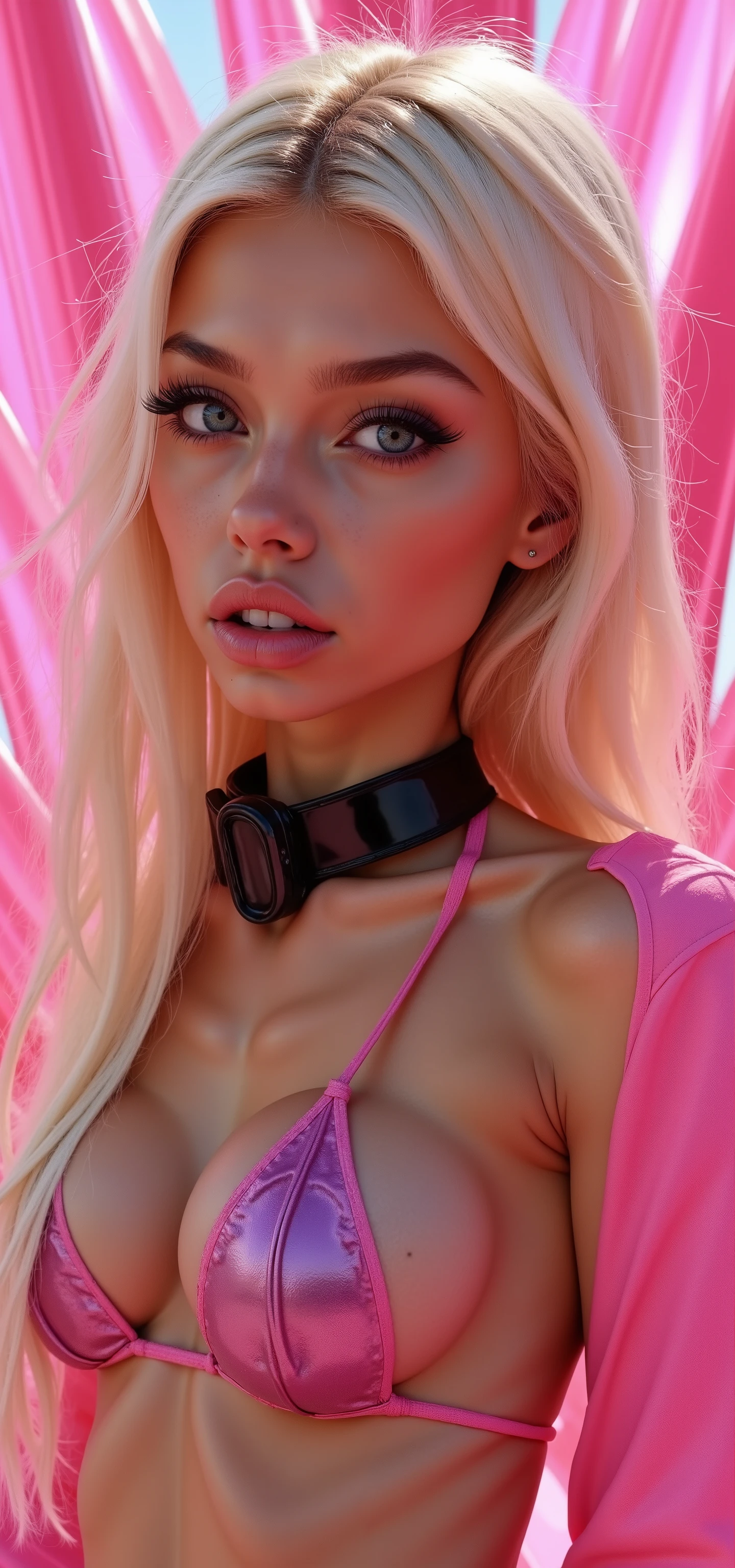 ((beautiful western model:1.8)),(photorealism: 1.4),( hot girl brown skin),(complex and realistic skin texture:1.4),face view,close face side view,closeup face view,18years old,insane extremely long hairs,futuristic blond hairs,cyberpunk,very skinny, naked,latex large choker, angelic cute face, white teeth, perfect beauty, perfect eyes render, long eyelashes,large neon pink lips,giant transparent pink ribbed spikes as background,outdoor sunny day,abstract backround, psychedelic,, very strong lighting, hyper realistic and detailed face , blue eyes,no blur sharp focus on all body