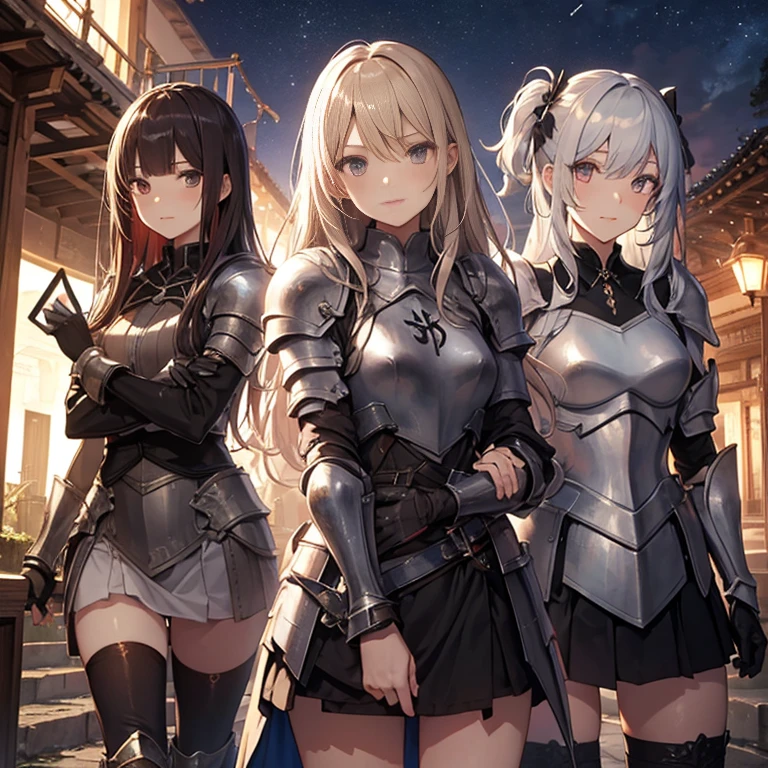 A group of young female knight, (in tavern), various hair styles, harem, wearing armored clothes, metal armor, night, details face, , short skirt, seducing, sword, sleeveless , night, starry night 