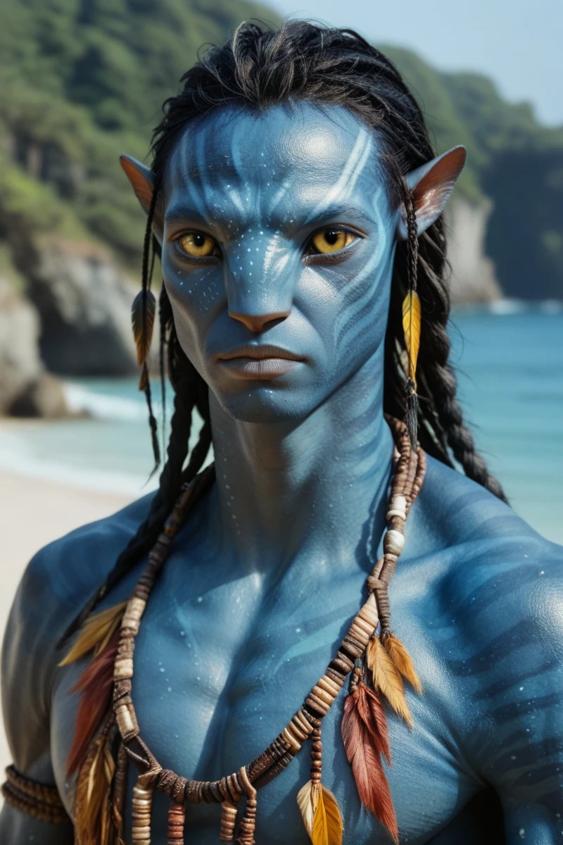 male, 1boy, portrait close-up, looking at the viewer, slim muscular limbs, detailed yellow eyes, blue skin, braided long hair, black hair, tail, big pointy ears, four fingered hands, wearing tribal clothing, beach background, solo, n4vi, score_9, score_8_up, score_7_up, score_6_up, neytiri