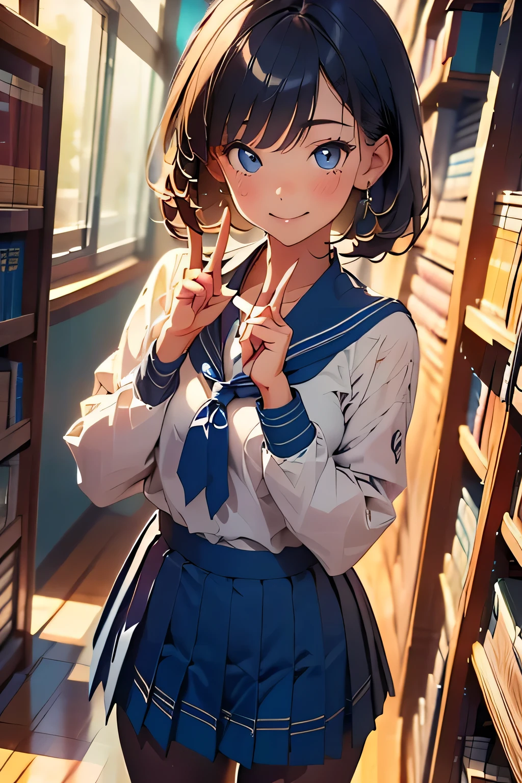 Anime girl in a library with a book shelf full of books - SeaArt AI