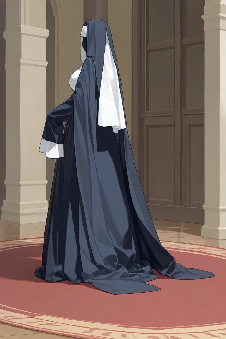 Solo, 1girl, tall women, cape on shoulders, nun outfits, long skirt, faceless, , veil face /(Veil covered face)\, sleeves past wrists, sleeves past fingers, dark blue long cape, cloak, overly long sleeves, wide open loose sleeves, room, , Push ups