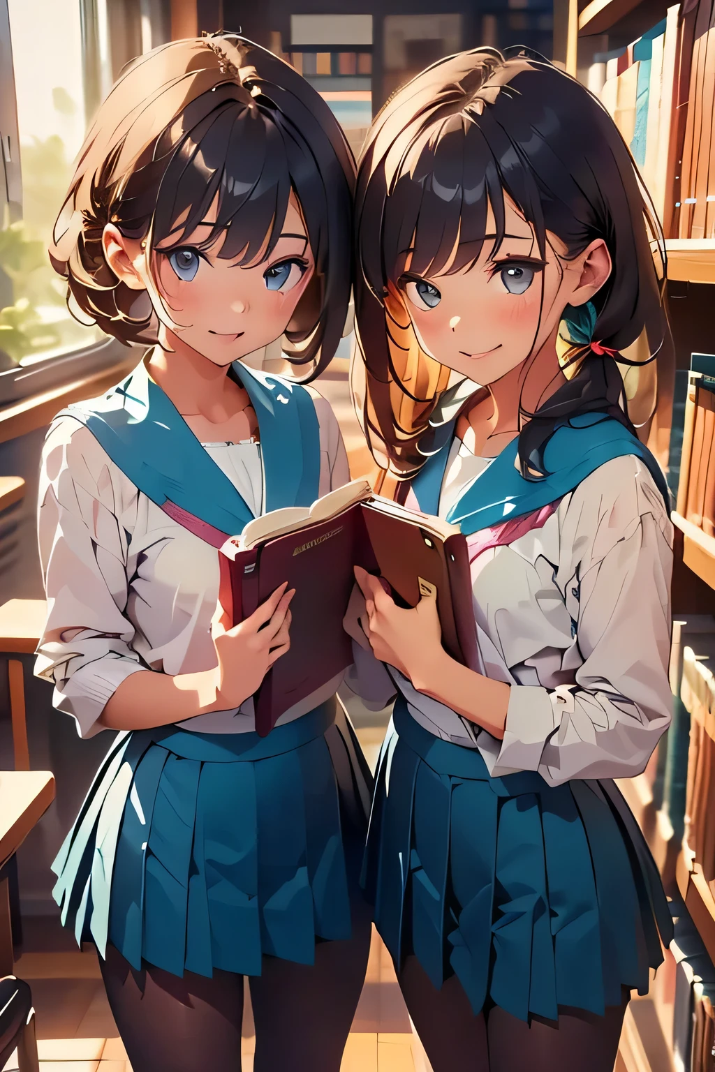 top quality、 high resolution、( high definition:1.2)、masterpiece、 detailed background、(Two girls :1.4)、 brightly colored hair color 、 Braided Bob Cut 、 ponytail 、Quiet Library、 secretly taking selfies between bookshelves 、JK's holding a book in front of their face 、 mysterious pose that only let their eyes look out 、 holding the same book as their friend 、 create a stylish shot with synchronized poses、 Two girls taking selfies with shiny dark blue sailor suits 、 white sailor color、Pair it with a cute flared skirt or create a stylish shot with 、 wear a plaid skirt for an adult-like look、 wear tights or cute socks underneath 、 cute
