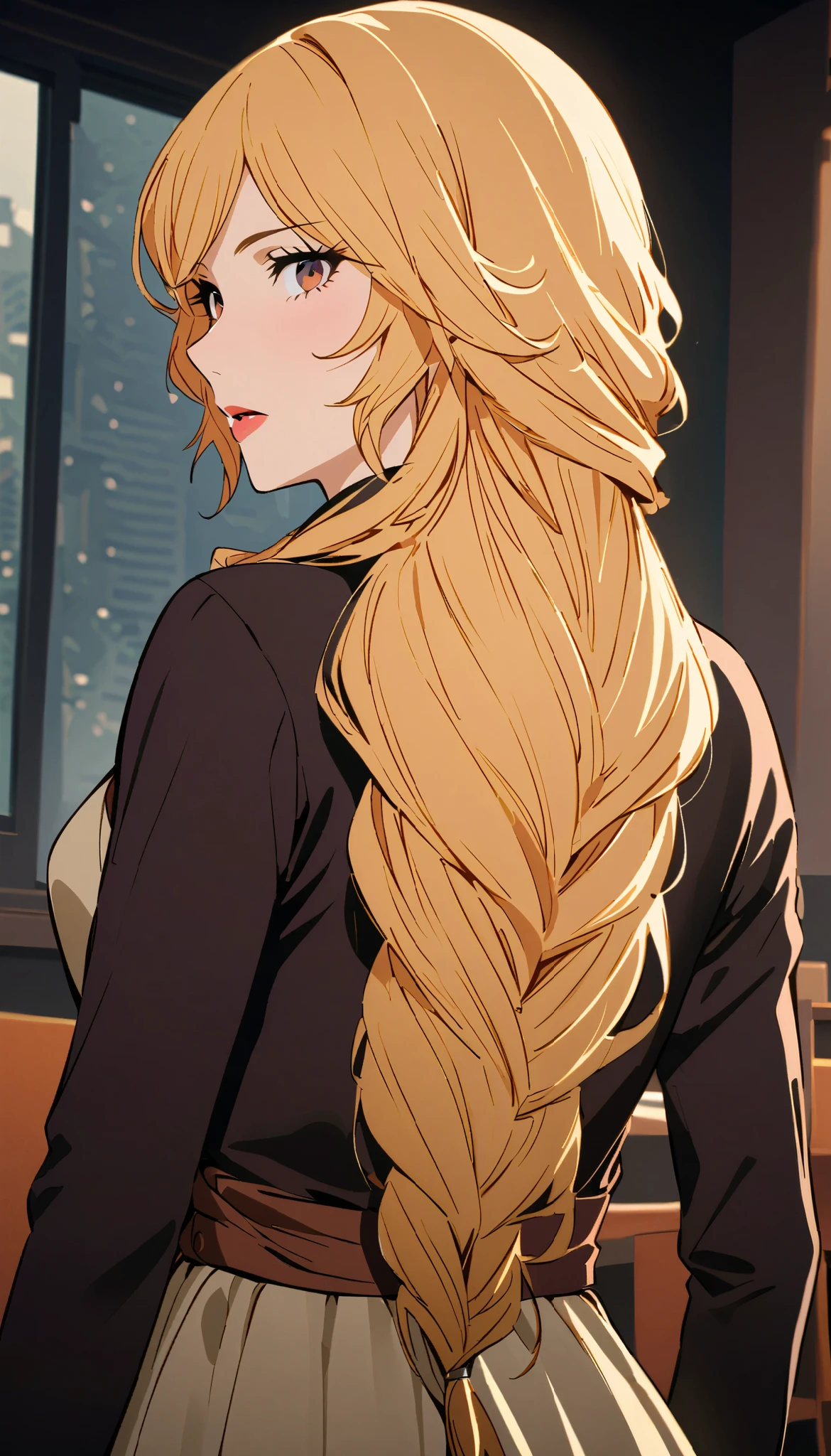 vintage movie, girl, wavy blonde hair, woman body, big boss, meeting room, dark background around, focus on the character, dutch angle, from back
, yang xiao long from rwby