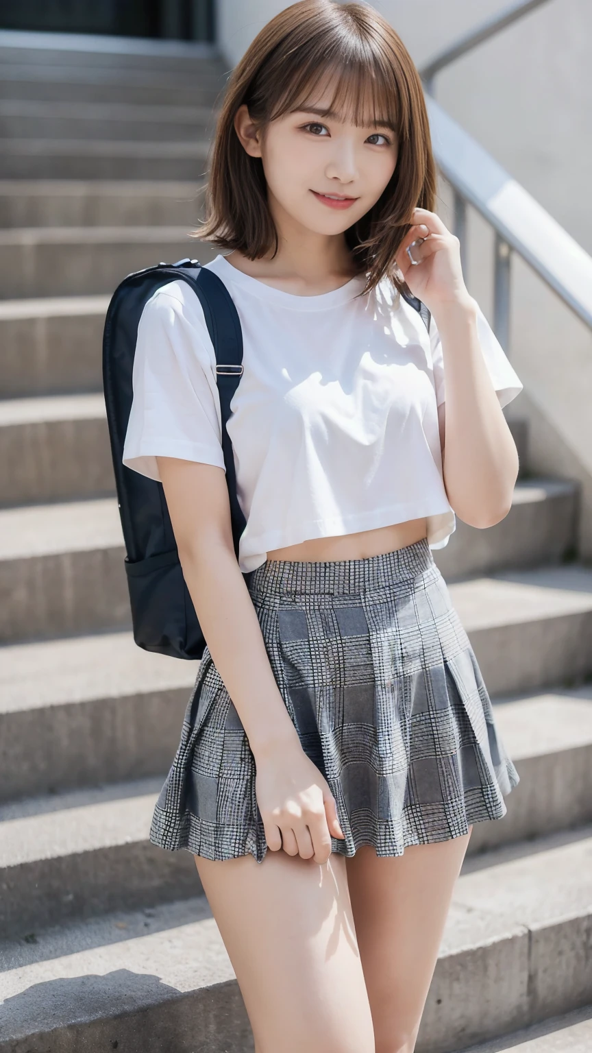 High school girl standing on the school stairs,short sleeve white shirt,Very short red plaid miniskirt:1.2,18-year-old,bangs,a little smile,thighs,knees,from below，random pose，pretty girl，slender girl，white panties，Short-cut blonde，short side waves，carrying a black backpack、buttocks are exposed a lot、buttocks half exposed、