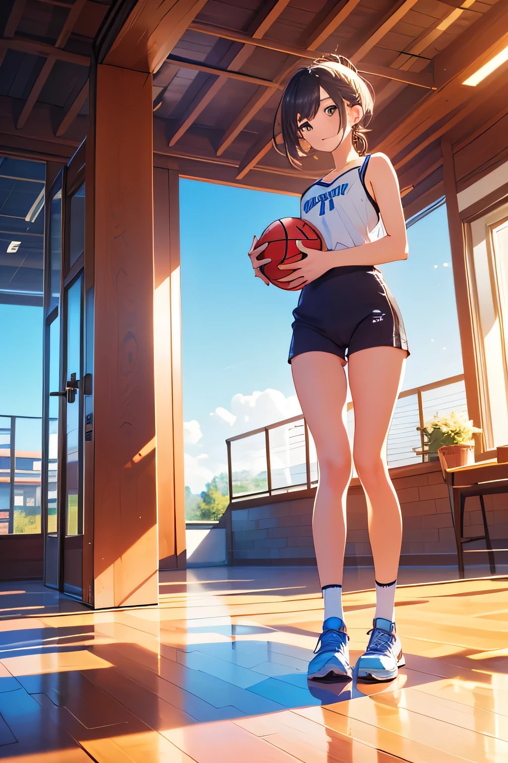 top quality、 high resolution、( high definition:1.2)、masterpiece、 detailed background、( 2 girls:1.4)、( big size:1.3)、( Highly Detailed Face :1.2)、 brightly colored hair color 、 Braided Bob Cut 、 ponytail 、 center of a large gymnasium 、 JK holding a basketball looks at the goal、 the light reflected on the floor creates a page of youth 、On the ground, 、 jump with friends 、 take a dynamic shot with the blue sky in the background 、 cute