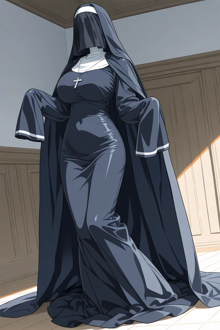 (score_9,score_8_up,score_7_up,score_6_up,score_5_up,score_4_up),1girl,solo, dark skin, half closed eyes, red eyes, looking at viewer, very huge breast, nun uniform, curvy, Pelvic Curtain, side-tie panties, thigh, thick, blue sky, depth of field, masterpiece, best quality, realistic light and shadow, high key lighting, (balanced photo, balanced exposure), view from front, thigh to head,