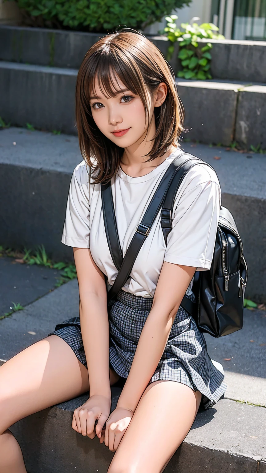 ((masterpiece)),(((Highest quality))),Thin thighs,Long legs,An 18-year-old high school girl standing on the school steps,White shirt,Blue and white plaid mini skirt:1.5,The best smile,Short bob with side waves:1.5,Carrying a black backpack,wear black loafers,Facing the front and spreading legs:1.5,