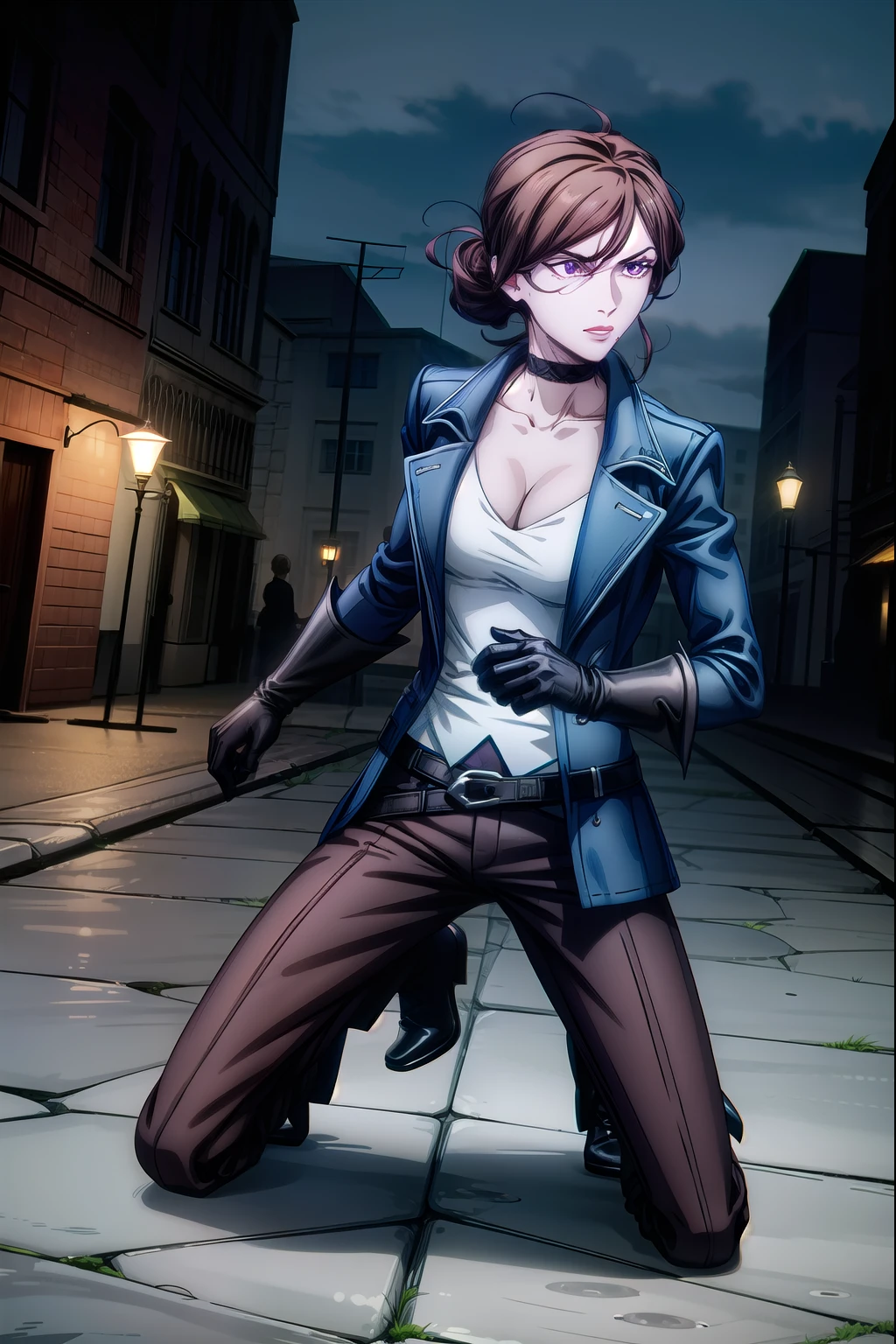 julia belmont, 1girl, solo,cowboy shot,from side,fog, night,dark clouds, overcast, purple eyes, brown hair, short hair,short ponytail,brown pants, blue long coat,(white shirt),depth of field, black gloves,multiple belts, black choker,blurry background, lamppost,stone building,18 century,(best quality,masterpiece ) <lora:julia_belmont_v1:1>