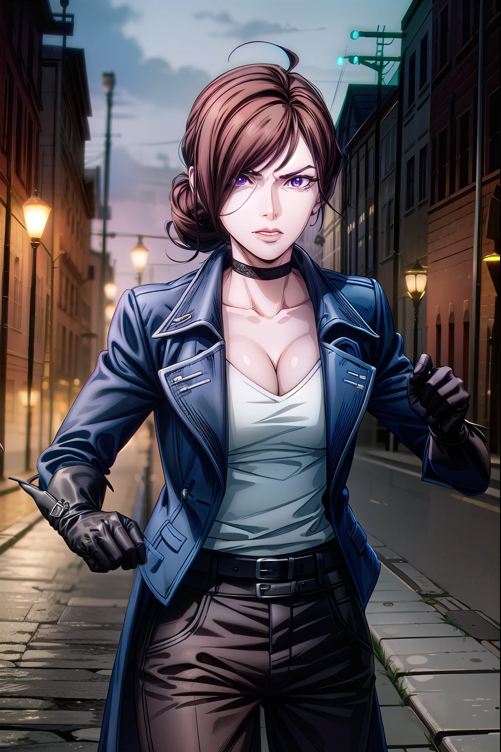 castlevaniajulia, castlevaniajulia, brown hair, (purple eyes:1.1), short hair, hair bun, mole, makeup, single hair bun, lipstick, mole under mouth, red lipstick, BREAK shirt, gloves, cleavage, collarbone, jacket, white shirt, choker, black gloves, belt, pants, blue jacket, brown pants, BREAK looking at viewer, upper body, full body, BREAK outdoors, night, sky, BREAK (masterpiece:1.2), best quality, high resolution, unity 8k wallpaper, (illustration:0.8), (beautiful detailed eyes:1.6), extremely detailed face, perfect lighting, extremely detailed CG, (perfect hands, perfect anatomy)