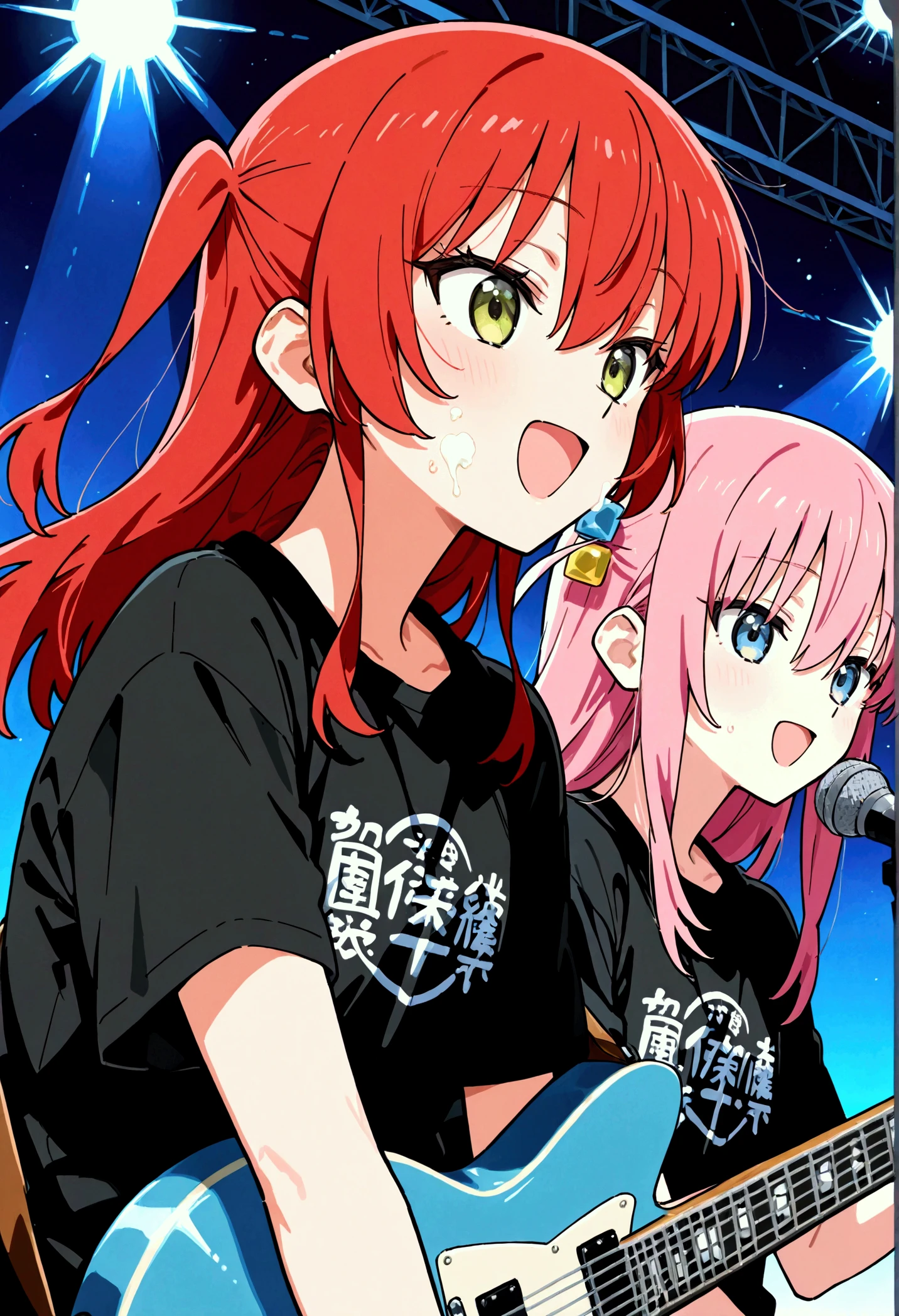 hitori gotou, blue eyes, cube hair ornament, hair between eyes, hair ornament, pretty illustration with pink hair , One side up, long hair,Break Kita Ikuyo , BREAK Two Girls、guitar、 on my face、 black t-shirt、 singing