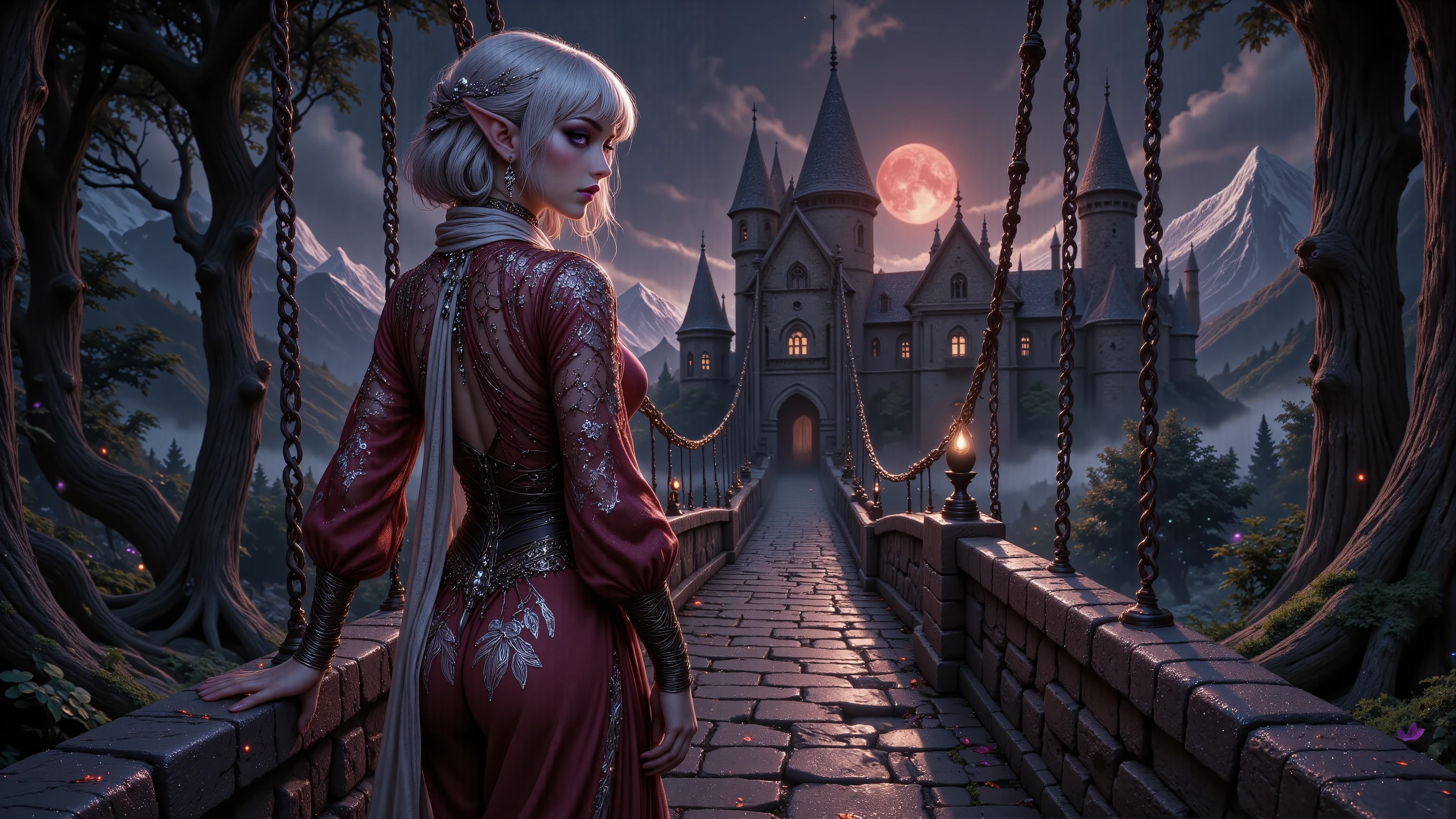 (Ultra-detailed face, Looking away, Fantasy Illustration with Gothic, Dark tone colors.), BREAK
(((A viewpoint looking slightly up from the side around the bridge.)) It is a very dark, misty night with a blood-colored moon turning the landscape red. On a mossy stone suspension bridge leading to a medieval European gothic castle, a female dark elf vampire hunter turns toward the castle, one hand sheathing a silver dagger wrapped in a pale flame from her waist belt, one hand holding a large silver rosary with a thin chain above her head. He crosses the stone bridge carefully, keeping his posture low. The area is shrouded in a deep fog.), BREAK
(A female dark elf vampire hunter wears a wide-brimmed hat and a white lace scarf. She wears a cape dress of dark red sheer fabric organdy with a white lily flower pattern woven into it, woven with layers of thin silver cord. She wears soft leather boots with woven silver tape.), BREAK
(A young aged dark elf female vampire hunter with glossy pure white hair and eyebrows, blunt bangs, very long braided hair that is gently wavy with moisture, small pink lips, dark purple skin, lavender eyes, and thick dark eyeliner around her eyes.), BREAK
(This is a rugged mountainous region ruled by a brutal Dracula lord. Beyond an old stone bridge, a gothic castle with a series of piercing spires can be seen rising out of the mist.)