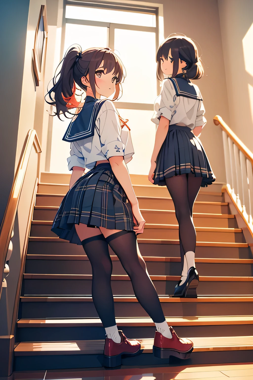 ((Highest quality)), ((masterpiece)), (High resolution), 8k, Best Shadow, The best natural light, Cinematic, (Two adult women climbing the stairs side by side), (Brown Hair,)、Looking back, bashful、Sailor collar、Fashionable white shirt、Sailor suit、Navy Pleated Skirt、(Navy blue socks)、((Rear view))、Angle from the rear, Navy blue socksにクローズアップ、Manga panel layout、Cartoon style、Manga Design、Station stairs、On the way to school, (The wind is blowing up from the ground, flipping up her skirt and revealing her panties:1.4), Stylish white satin panties, Slender body,Beautiful thighs, Embarrassed look, Iori, Perfect lighting, Perfect Shadow, Exact number of arms, Exact number of legs, Perfect Anatomy, Exact finger count、Exact number of legs、(Exact number of arms:1.0, Exact number of hands:1.0), (Perfect hands, Perfect Anatomy)