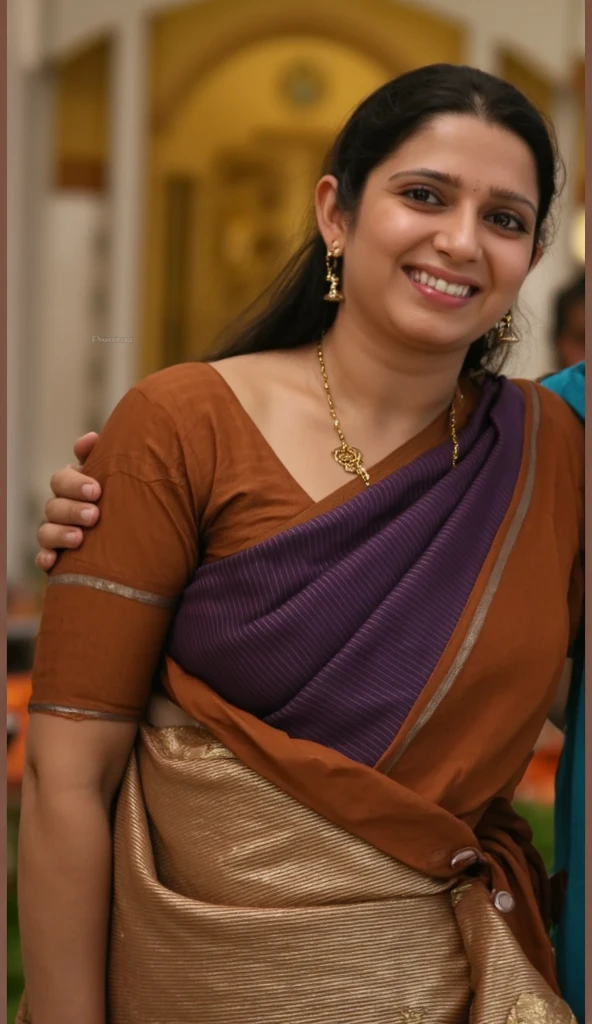 60 year old Curvy Indian Woman wearing Saree and sleeveless blouse. 8k Resolutions, Hyper realistic image