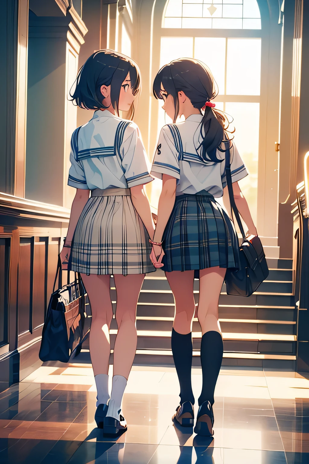 top quality、 high resolution、( high definition:1.2)、masterpiece、 detailed background、( 2 girls:1.4)、 big size、( Highly Detailed Face :1.3)、 brightly colored hair color 、 Braided Bob Cut 、 ponytail 、
at the end of a long hallway 、 back view of JK's in uniform walking hand in hand 、 natural light shines in 、 the shadows on the floor are fantastic 、On the stairs 、 sit down one by one 、 shot in a cute pose with the hem of their skirts spread softly、 sailor suit、 sailor color、Pair it with a cute flared skirt or create a stylish shot with 、 wear a plaid skirt for an adult-like look、 wear tights or cute socks underneath 、 cute