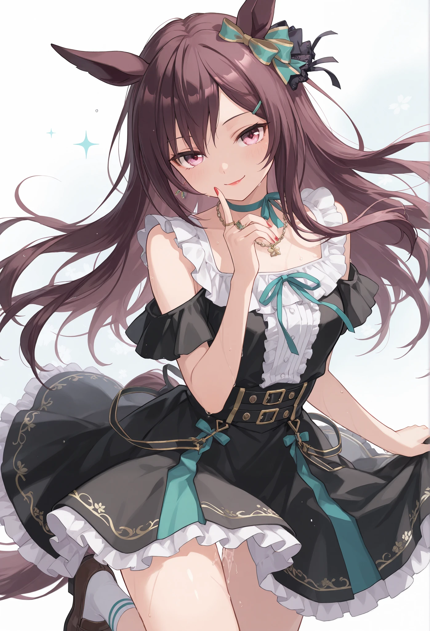 {{{Racecourse:1.6}}} {{{ 【 Focus on the Upper Body :1.5}}},( high resolution),( high resolution), ( Unity 8K Wallpaper),( detailed image ), {{{Type Moon :1.7}}},((draw:1.5)),
Mejiro Dober\( Uma Musume\), ,{Right earring },{{{ Open Shoulder Top 、 designed to show chest}}},{{{ frill skirt}}},{ Thick Bottom Loafers },{ Gothic Necklaces and Rings with Ruffles and Ribbons },{ ribbon choker },{Red lipstick} { horny face with wet vagina } { seductive smile} {sakura-patterned eyes},{“sparkling pink eyes}