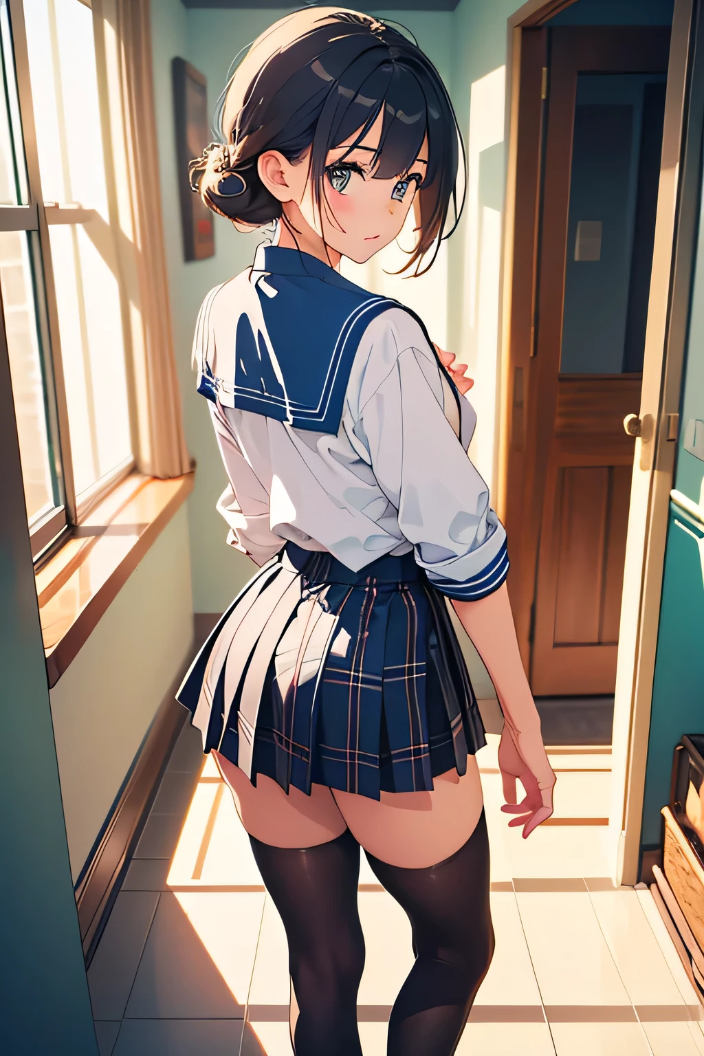 (1girl, tadokoro megumi, No name), (large hips), (beautiful ass), back view, Highest quality, Super detailed, masterpiece, Ultra-high resolution, 8K, High Contrast, bent over, (Sailor uniform, micro mini skirt), (light blue striped see-through panties, Sticky panties, cameltoe), (bare back, crop back), Underboob, black stockings, (Thighs), (waist line), Shower room, (from above)