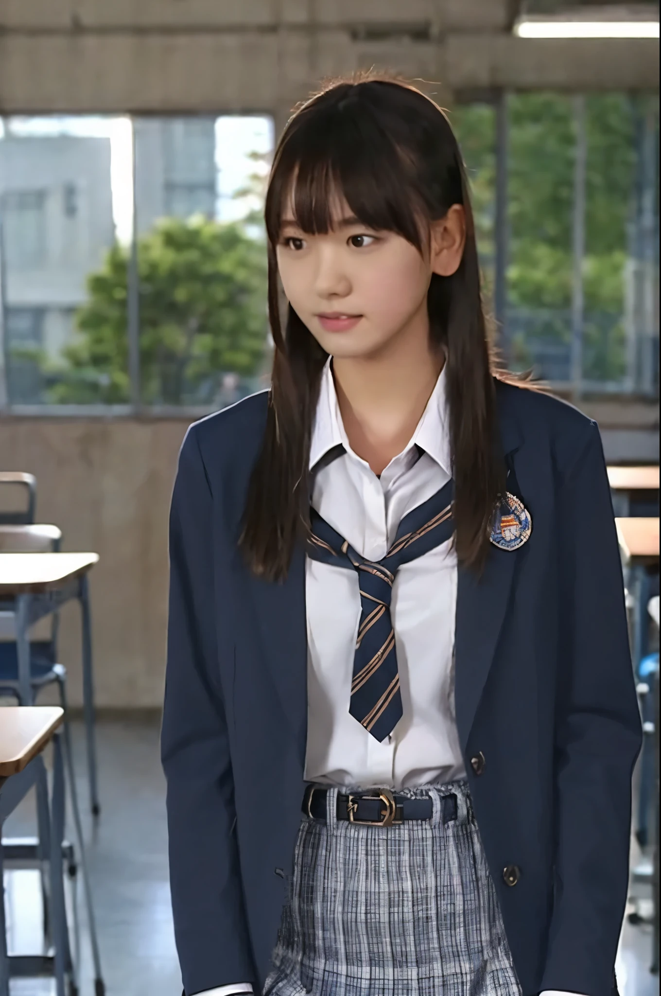 high resolution, 1 girl is the best , Alone, A head-to-toe view , Front , upright, student, long hair, black hair, realistic skin texture , blue blazer, red check skirt that sticks out the crotch, school classroom, realism ,