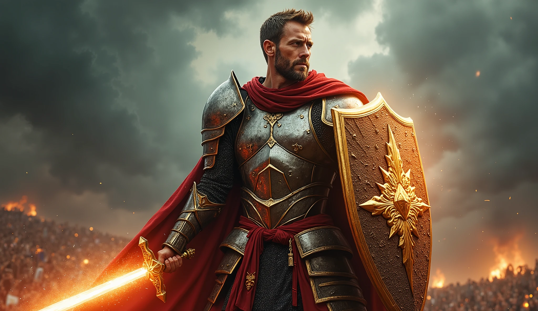 Arafed image of a man in armor holding a sword and shield - SeaArt AI