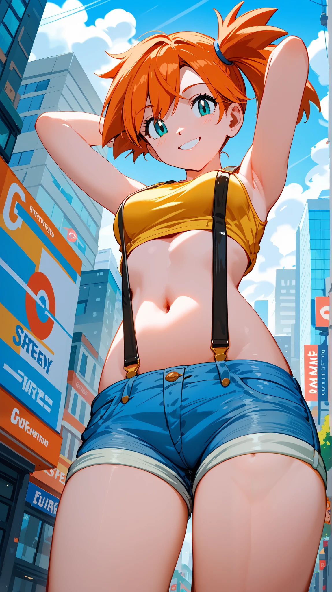 ,from below .  from the front , Straight:1.3 , standing,( medium shot :1),(belly button focus),,,masterpiece,  best quality,   super detailed ,  high definition ,4K,( super detailed) (Illustration:0.4), ( ray tracing,:0.7),( anime color :0.7),Goddess Magazine,  absurd, 1 girl , Foggy ( Pokémon),  orange hair, Alone, shorts pulldown ,  suspenders, bottomless, white panty pulldown 、 Side Ponytail ,  orange hair, abdomen,   yellow crop top, belly button,  short hair, denim, denim ショーツ,, Under the chest,  small breasts, Externally Expanded Chest,smile.walk, raise your arms , Put Your Arms Behind Your Head , City Street ,